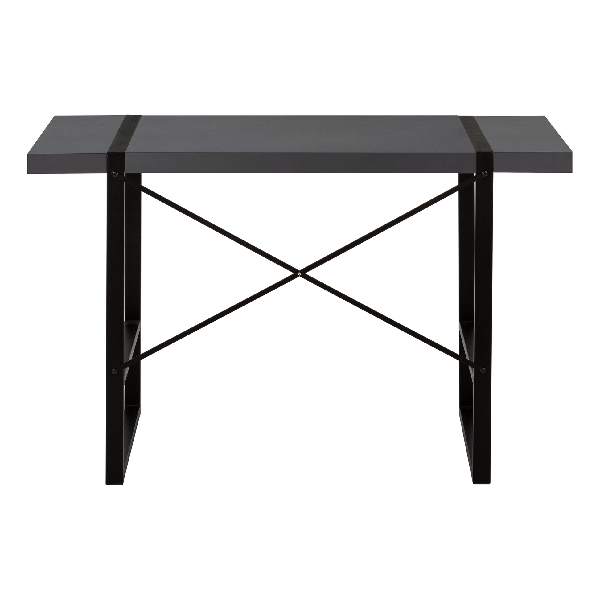 Modern gray writing desk with black metal frame and crossbrace support