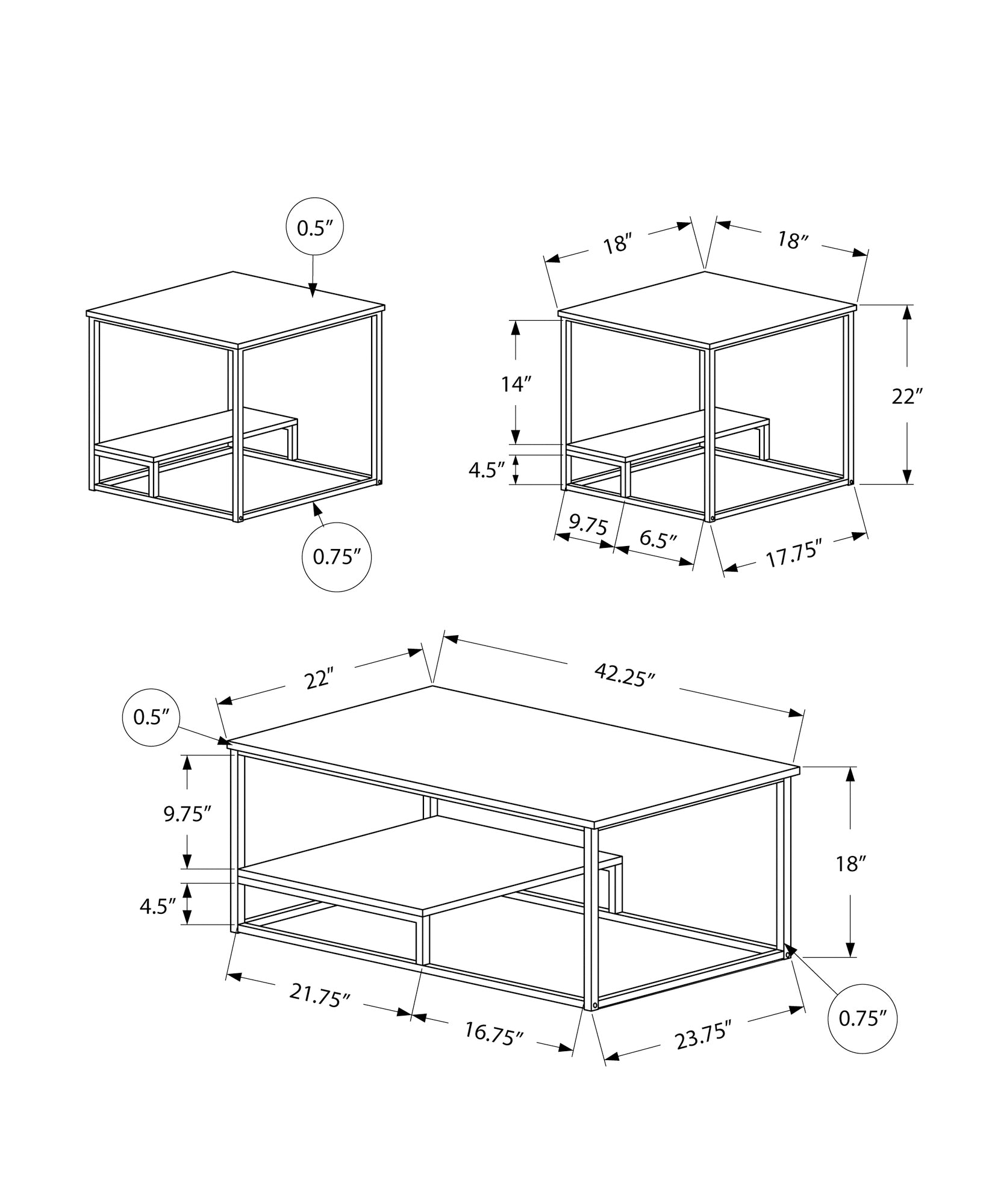 Diagram showing dimensions for a modern end table xx inches
