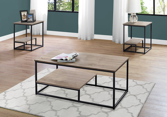 Modern oak coffee table with black metal frame and lower shelf