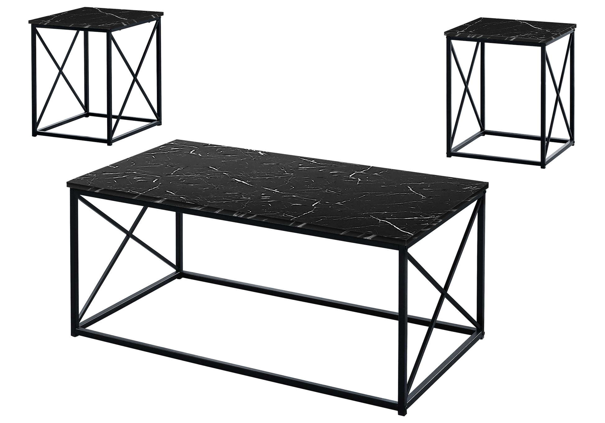 Black marble coffee table with crisscross black metal legs modern design