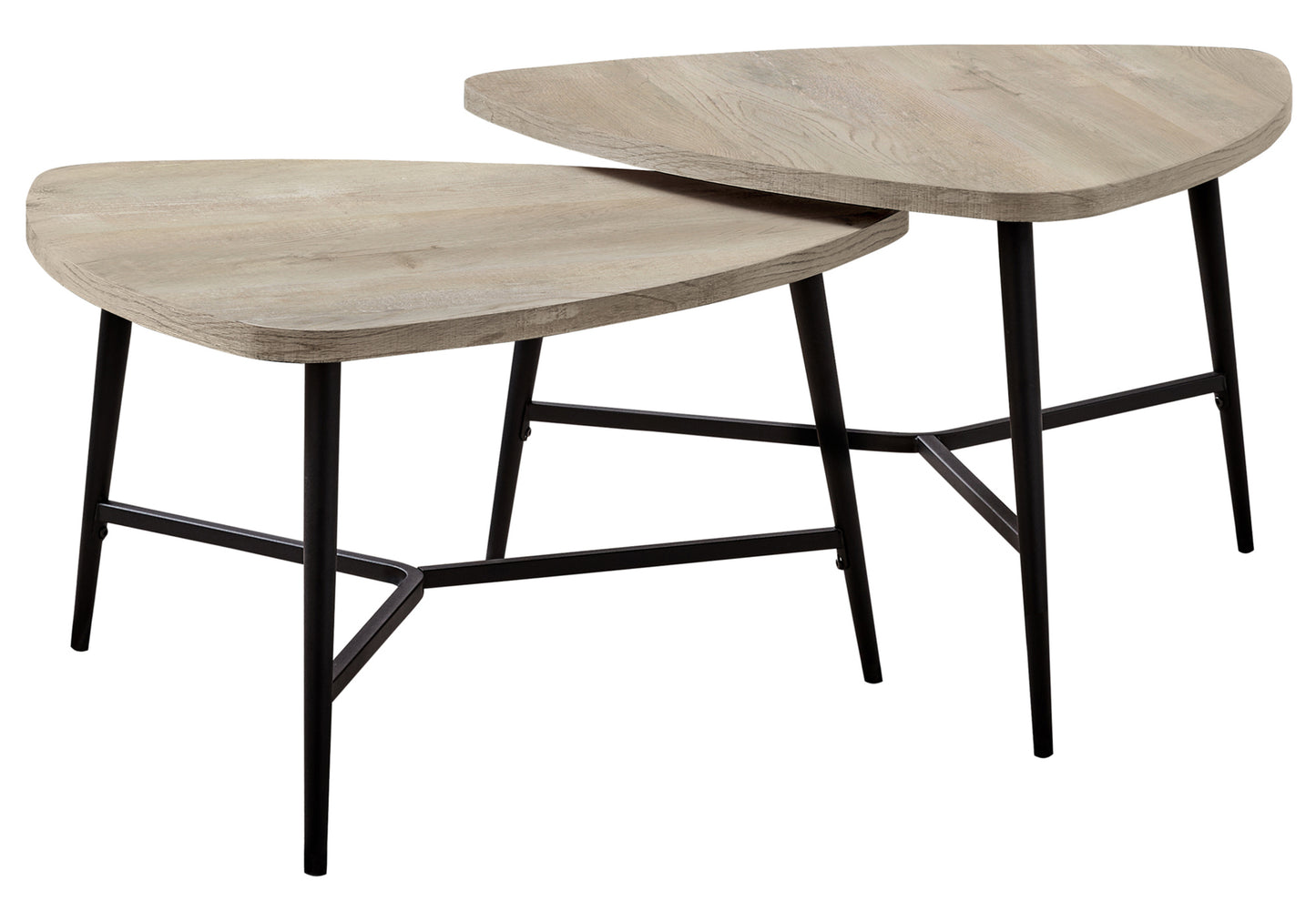 Two light wood triangular nesting tables with black metal legs