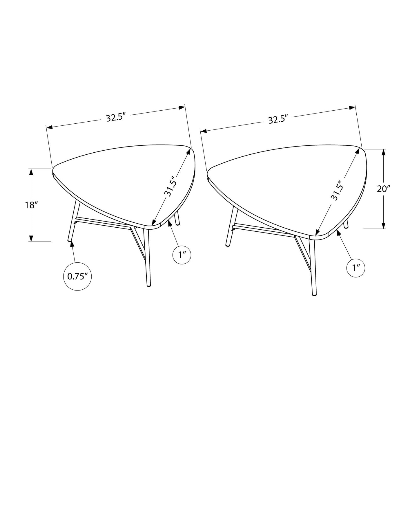 Diagram showing two triangular coffee tables with dimensions  width and  height