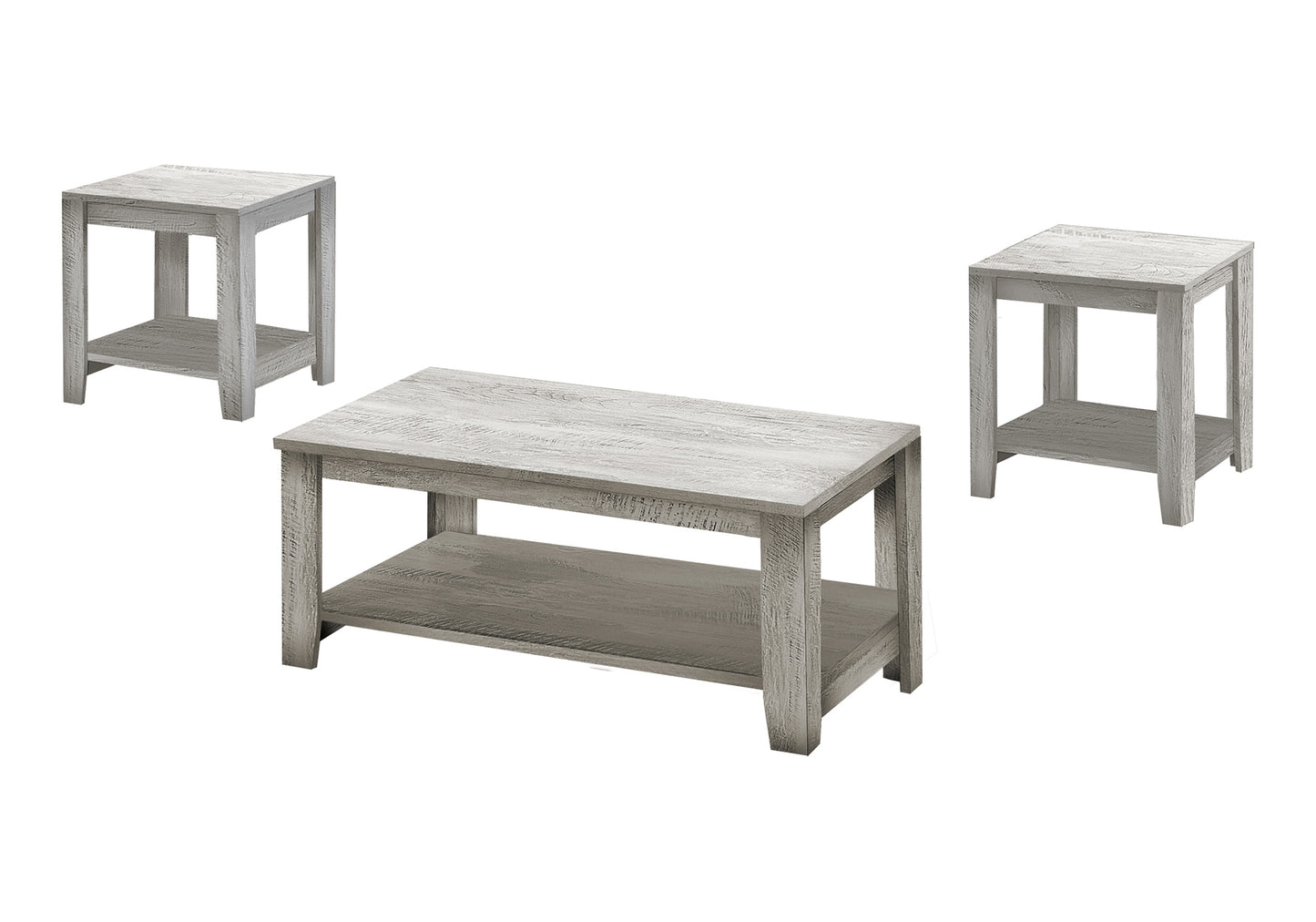 Whitewashed wood coffee table and end tables set with shelf