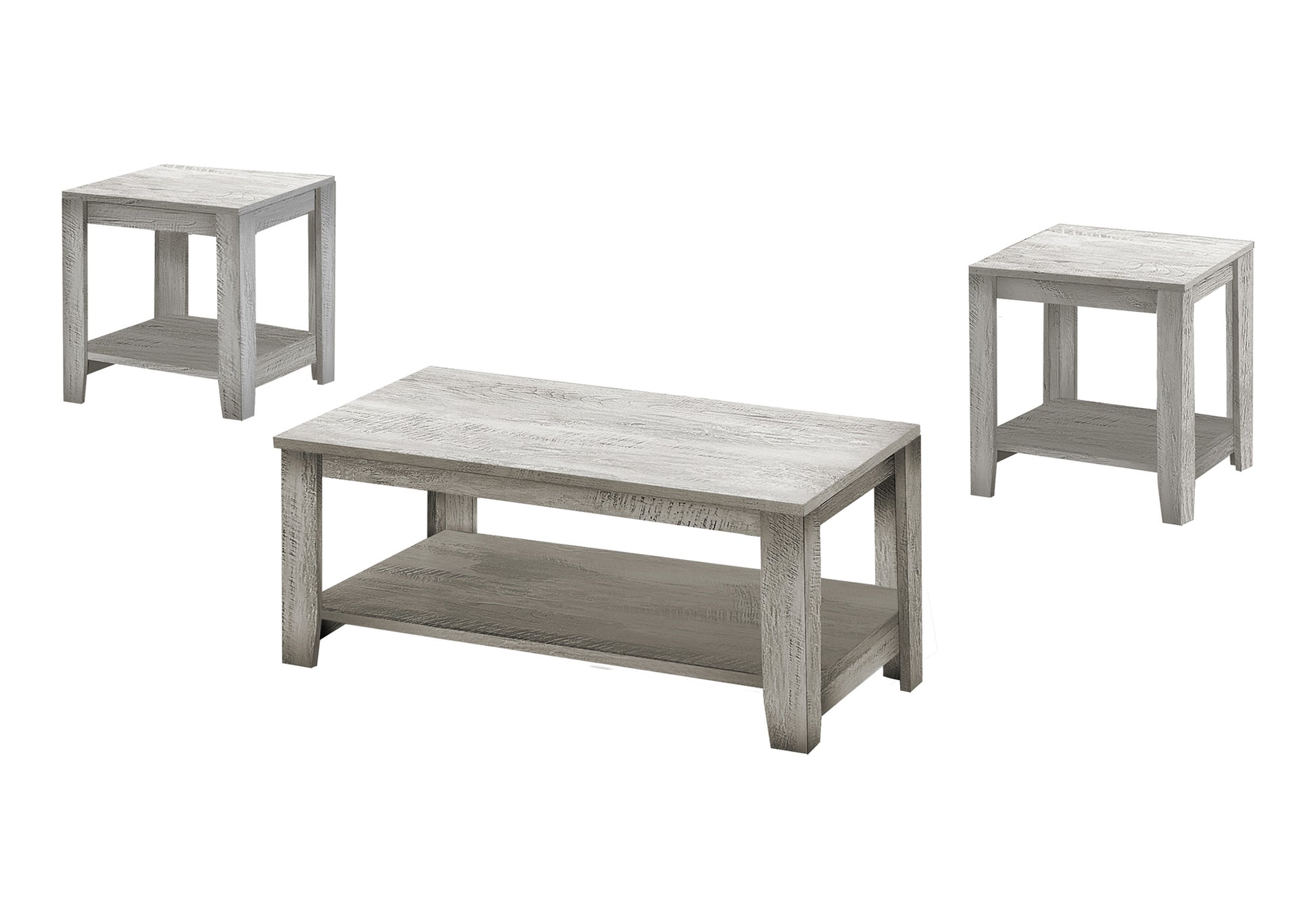 Whitewashed wood coffee table and end tables set with shelf