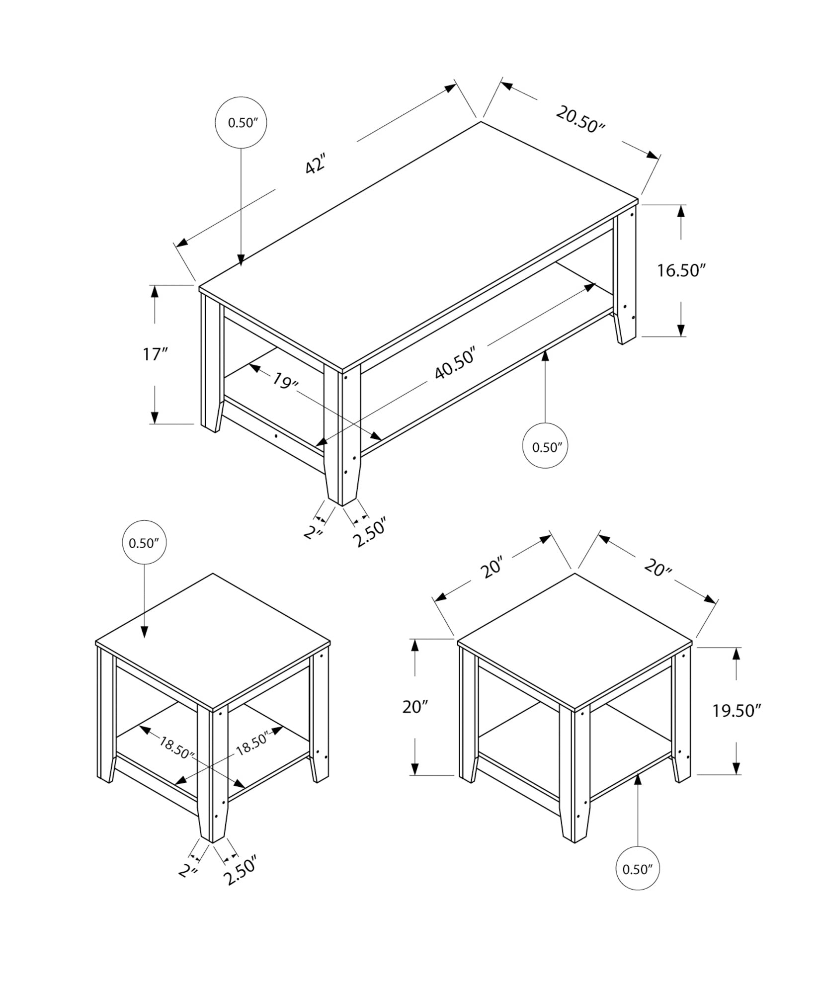 Diagram of a inch long coffee table with shelf dimensions indicated
