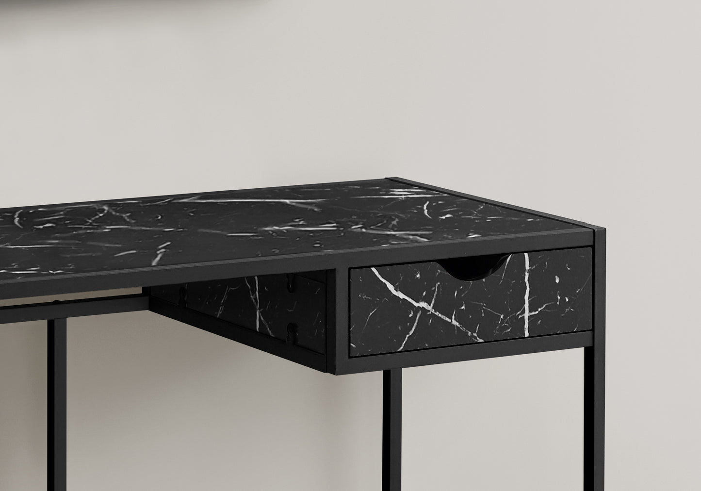 Sleek black marble top writing desk with minimalist metal frame and single drawer
