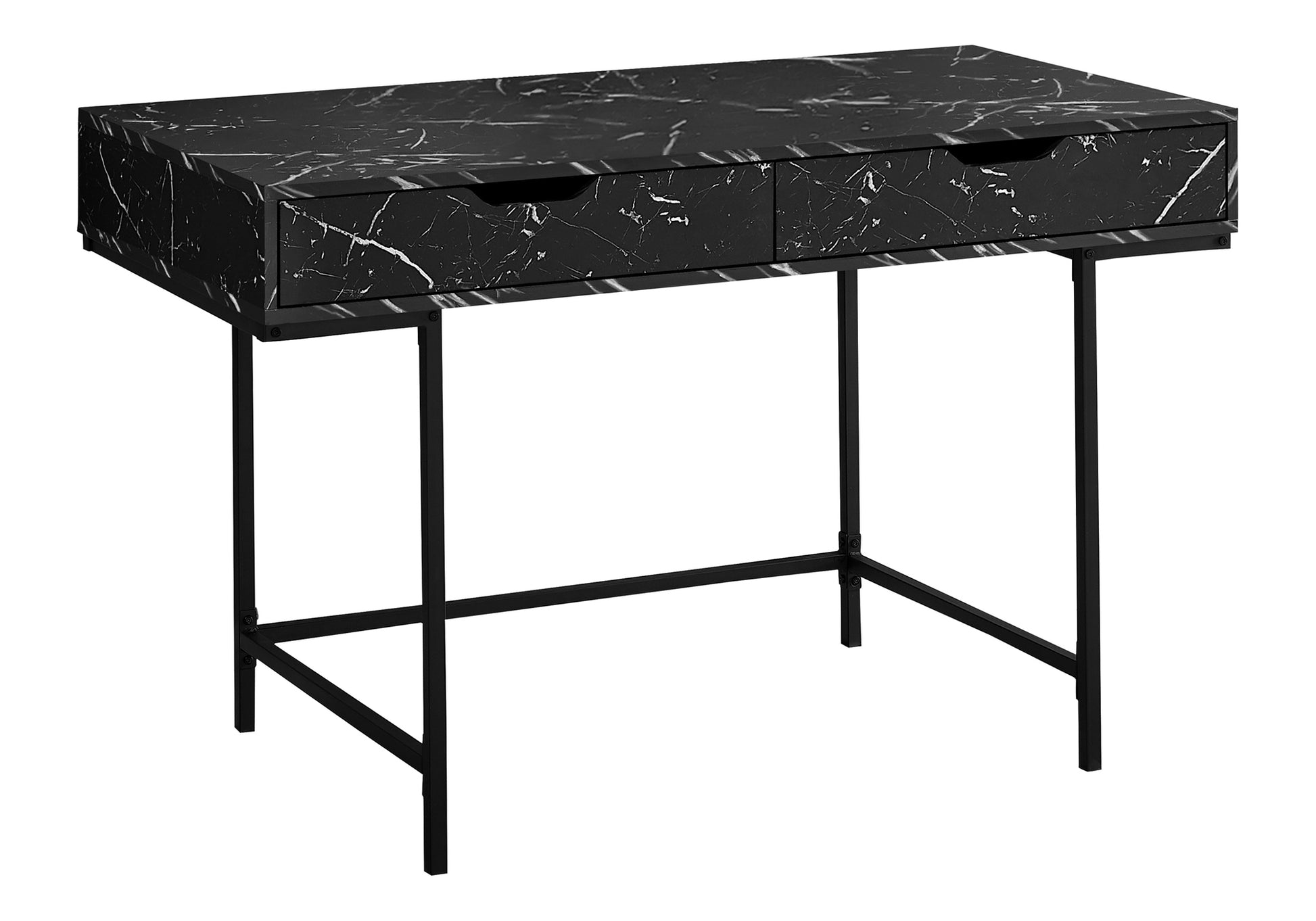 Black marble veneer desk with two drawers and slim metal legs