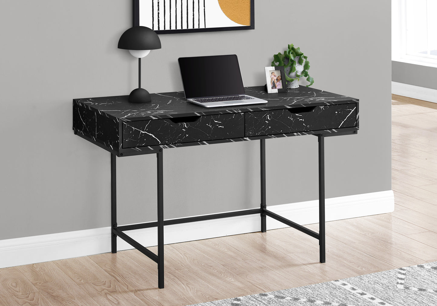 Black marble effect writing desk with two drawers and metal legs
