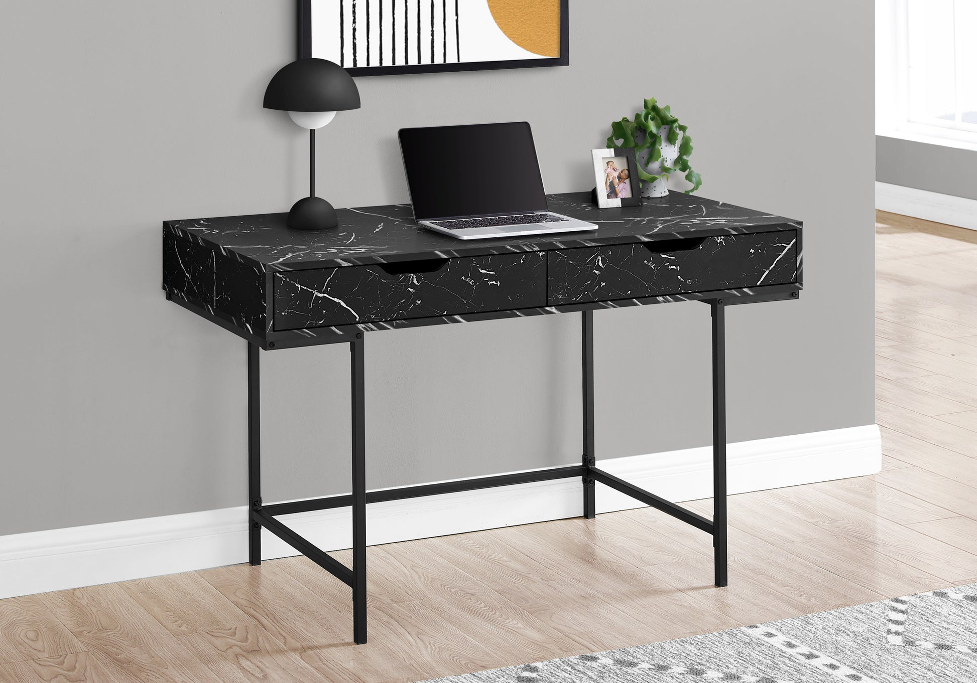 Black marble effect writing desk with two drawers and metal legs