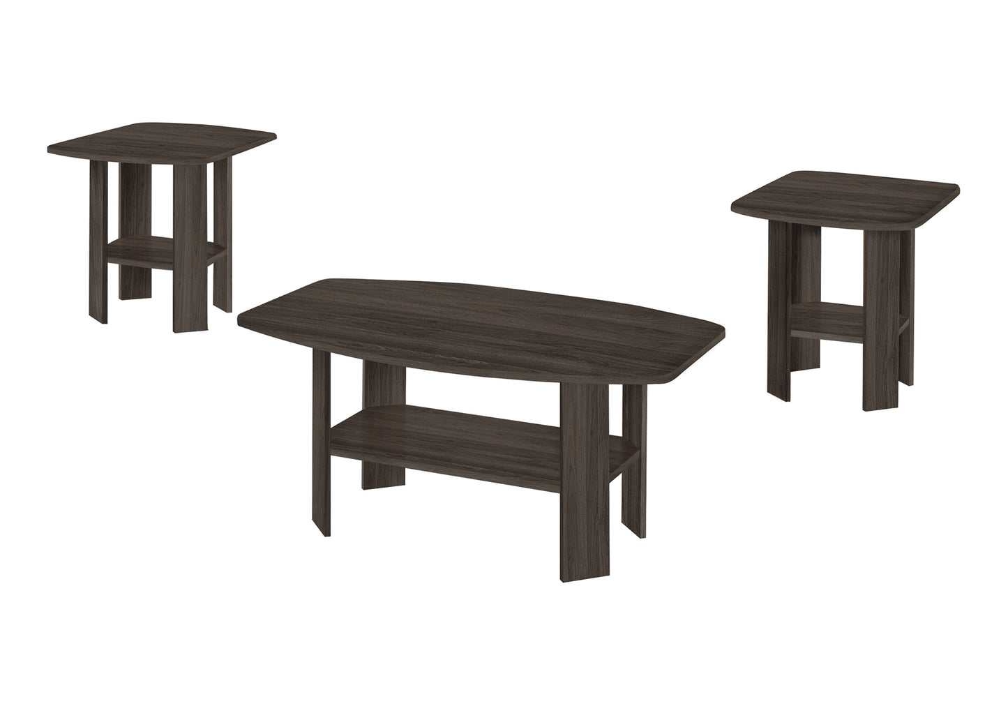 Dark brown wooden coffee table set with two side tables featuring a modern design and lower shelf storage