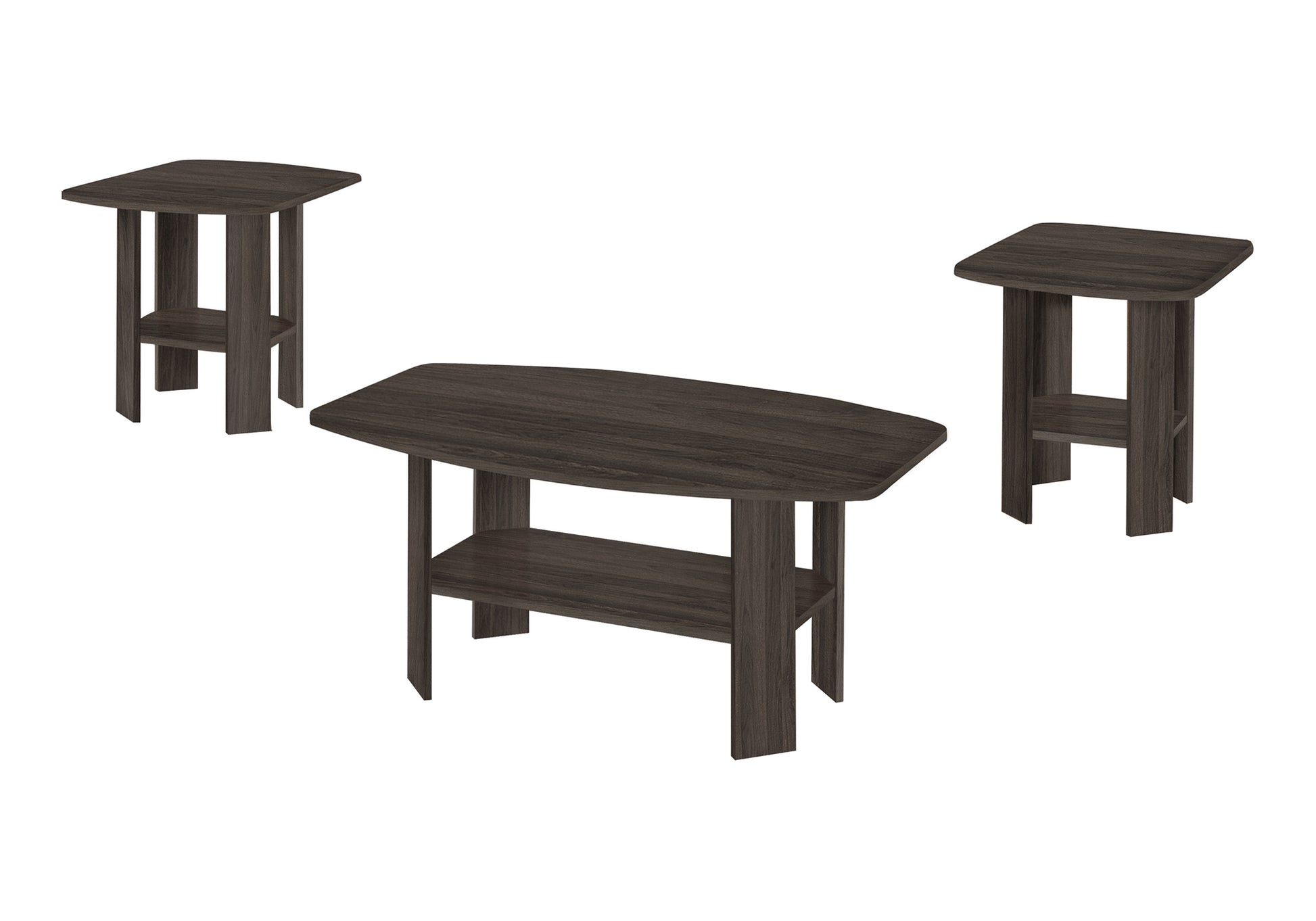 Dark brown wooden coffee table set with two side tables featuring a modern design and lower shelf storage