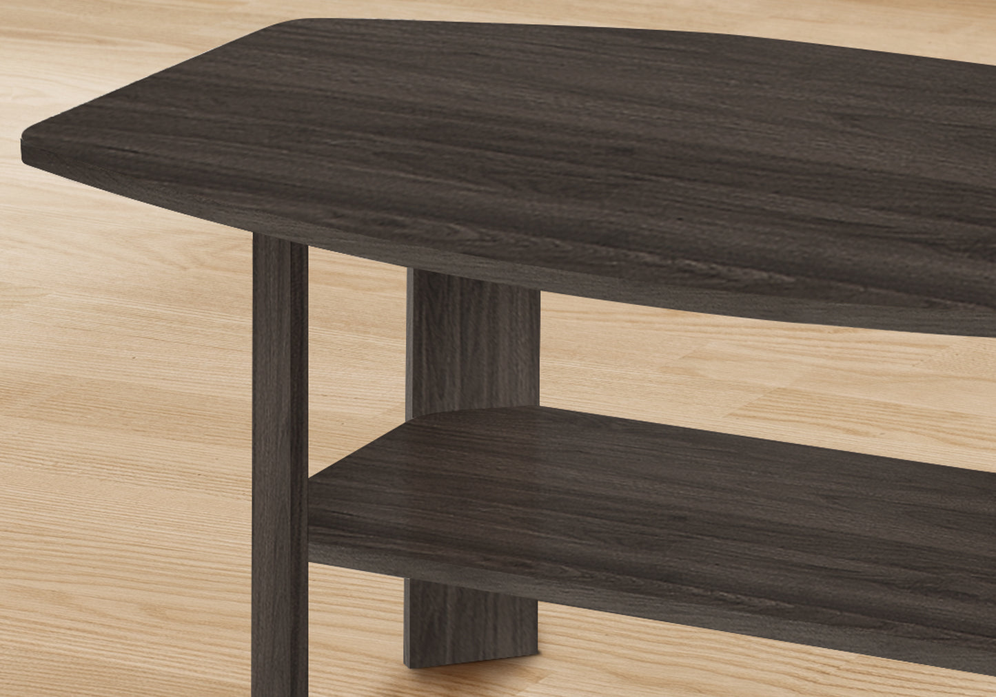 Dark wood modern coffee table with two tiered shelves for storage