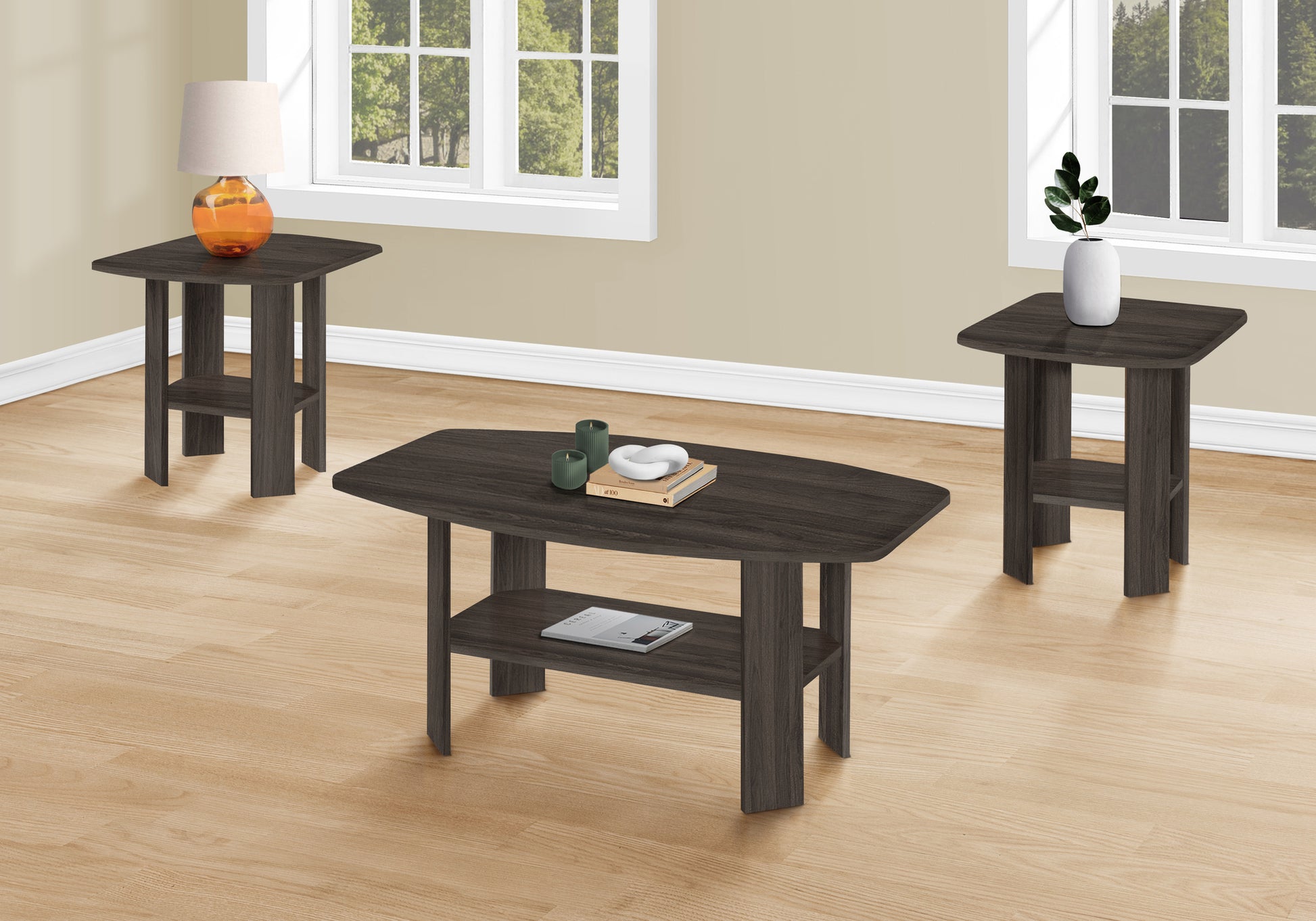 Dark gray oak coffee table with lower shelf for living room