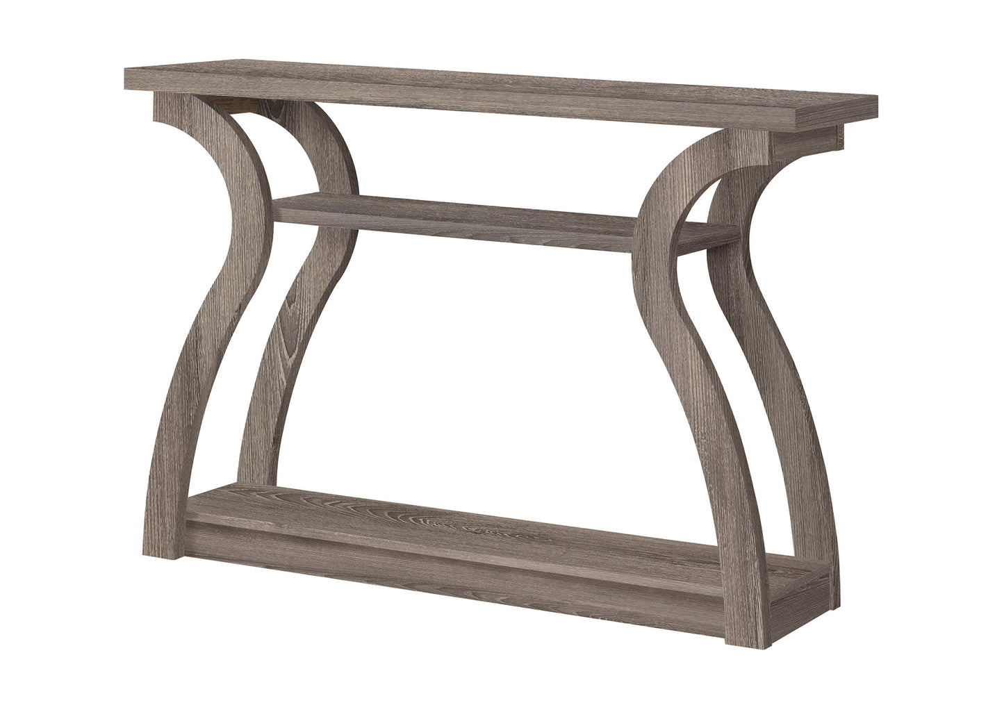 Gray wood threetier console table with curved legs
