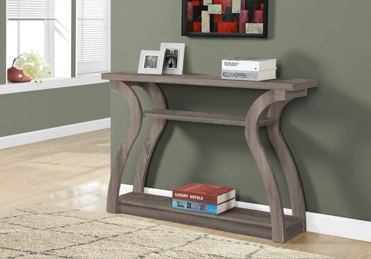 Gray wood console table with curved legs and open shelves perfect for entryway decor