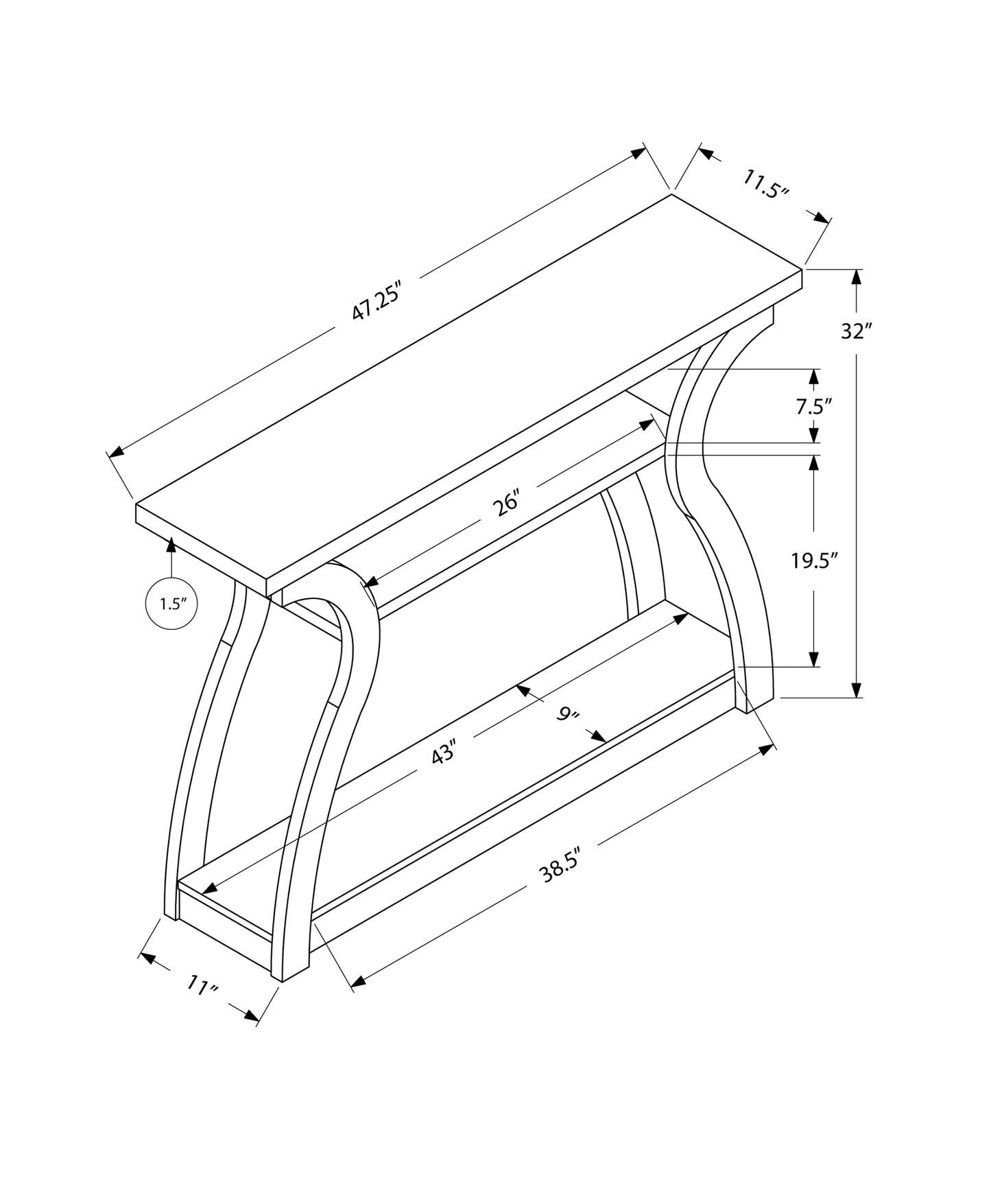Console table blueprint showing curved legs two shelves and dimensions  L x  W x  H
