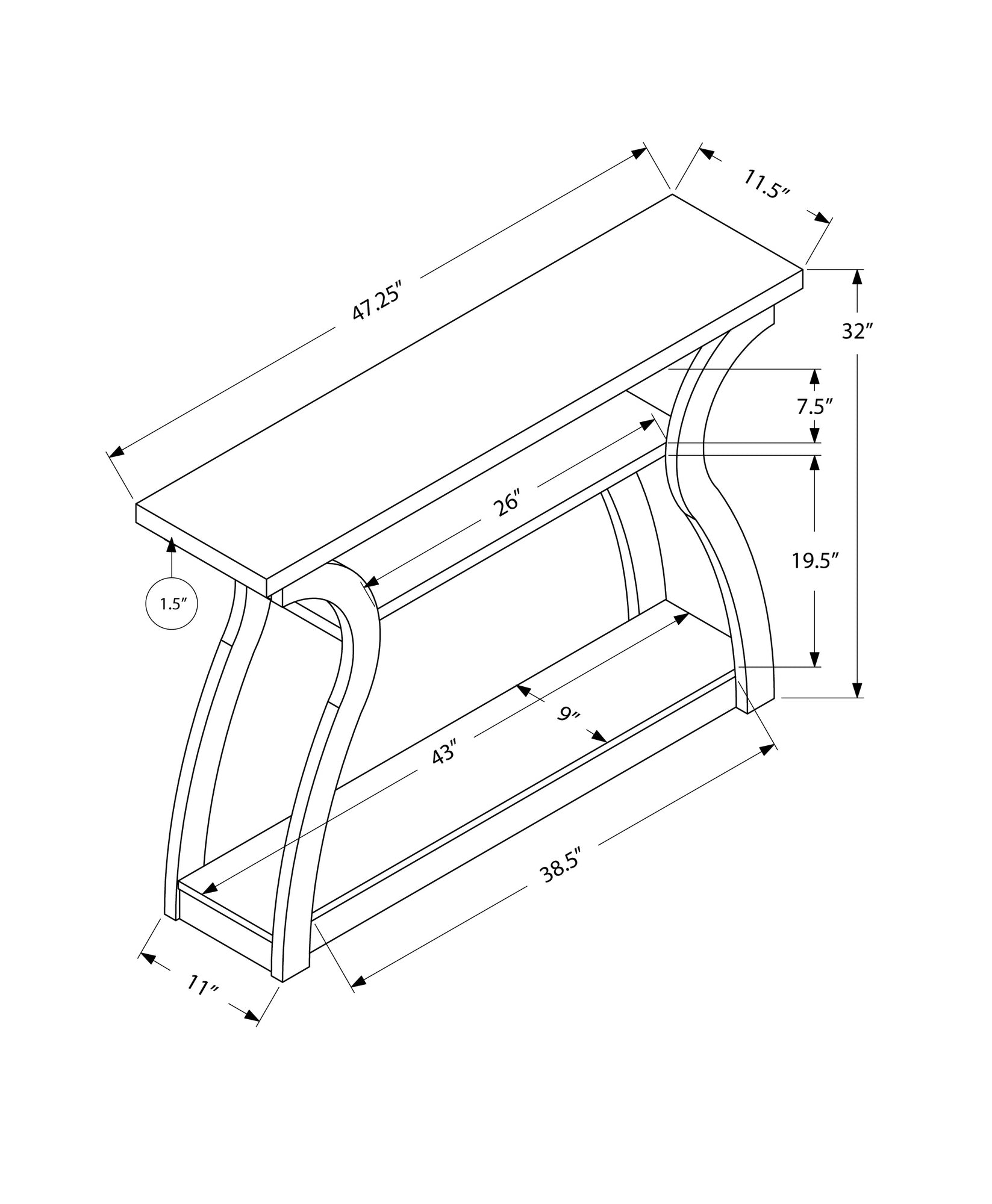 Console table blueprint showing curved legs two shelves and dimensions  L x  W x  H