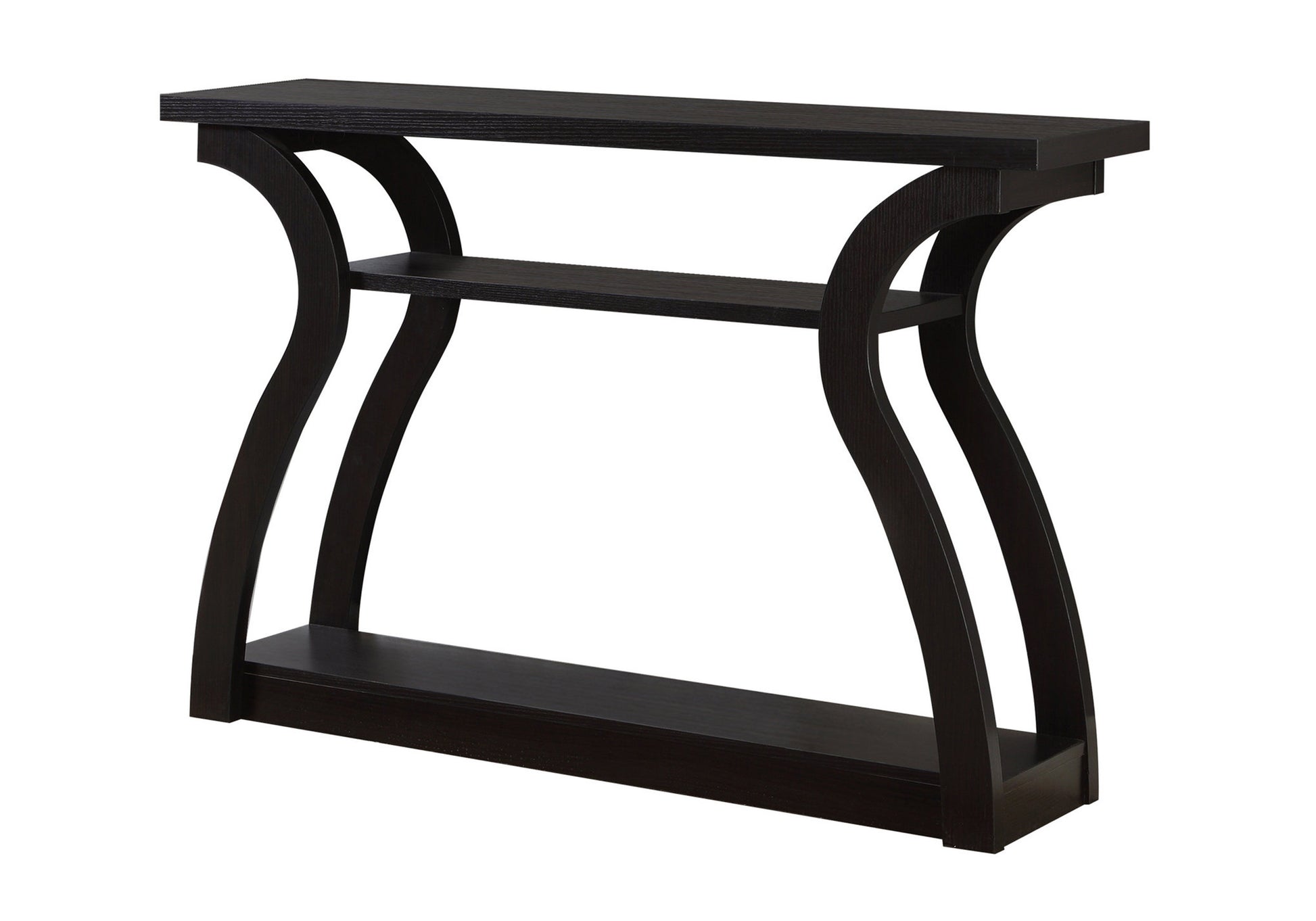 Sleek dark wood console table with curved legs and two shelves for modern entryway decor