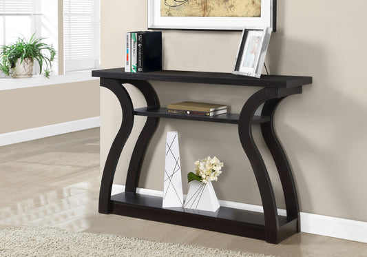Dark espresso console table with sculpted sides perfect for entryways