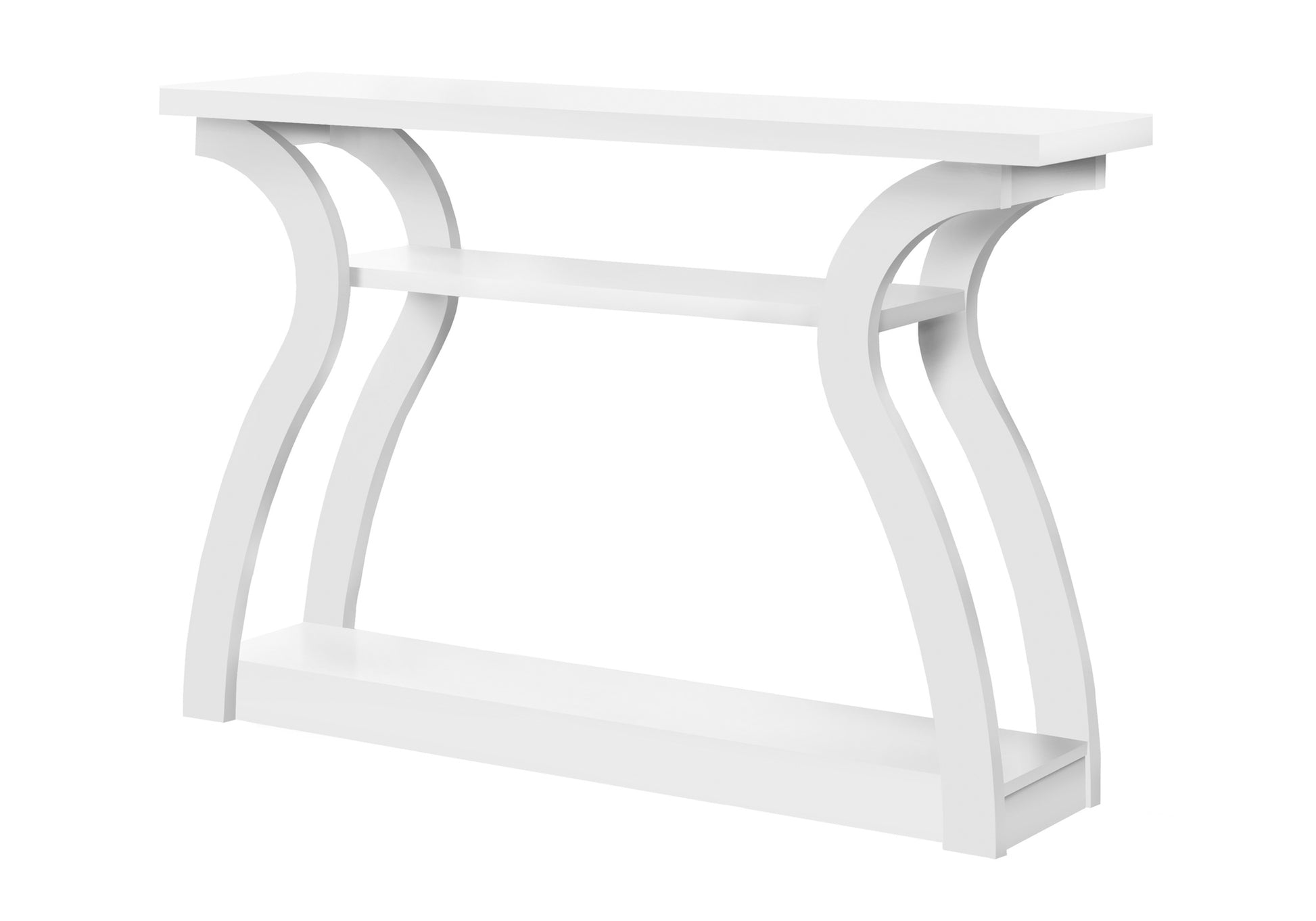 Modern white console table with two shelves and curved legs