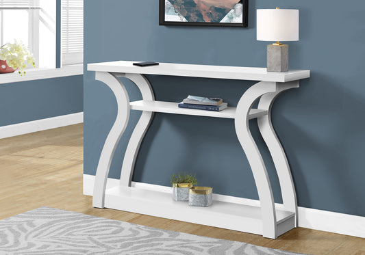 White modern console table with curved legs and two shelves for storage