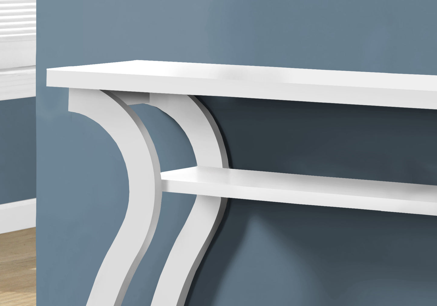 White modern console table with curved legs and two shelves ideal for entryways