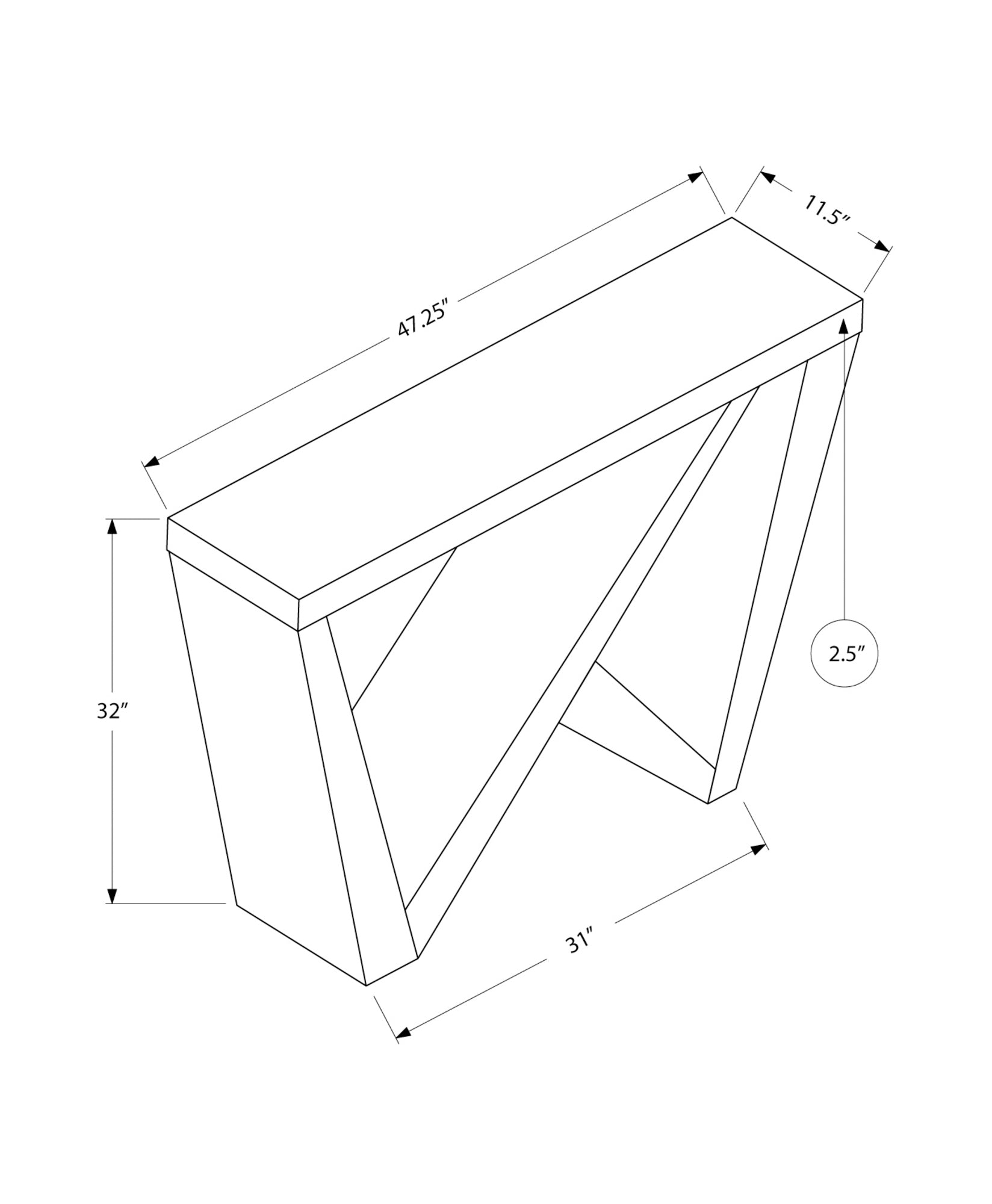Wireframe diagram of a modern console table with angled legs and dimensions