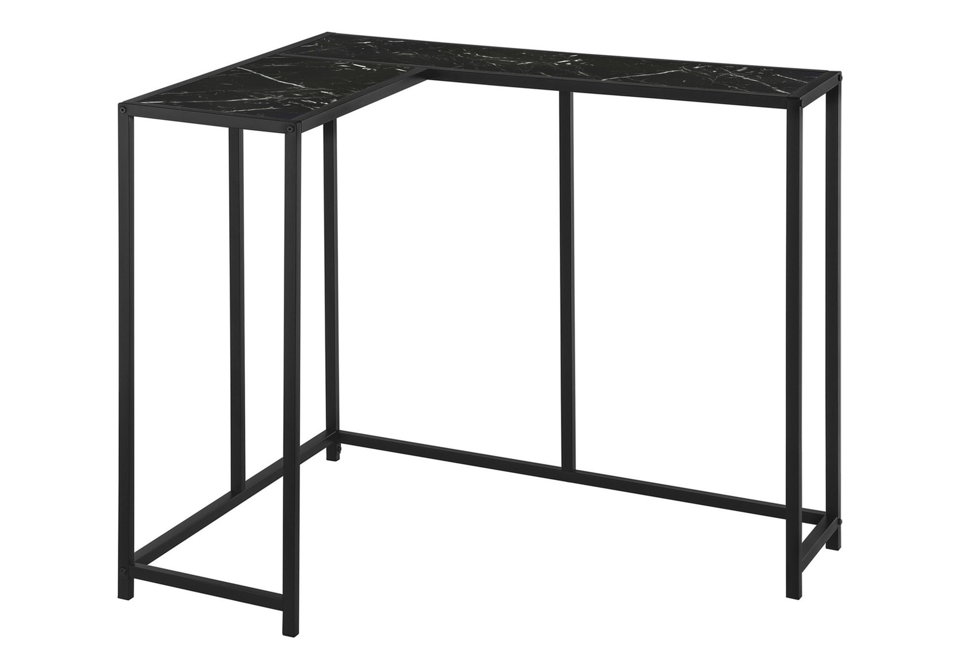 Black marble lshaped desk with slender black metal legs for a modern workspace