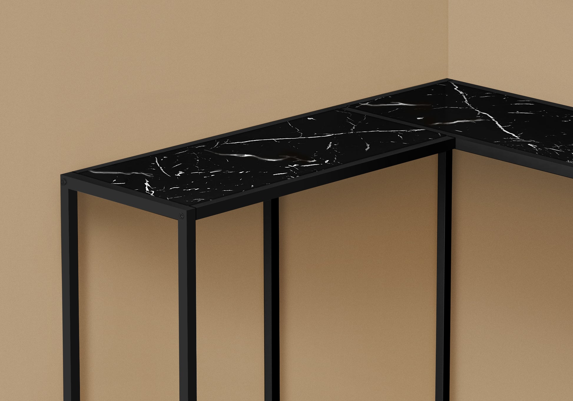 Sleek black marble console table with modern black metal frame ideal for entryways