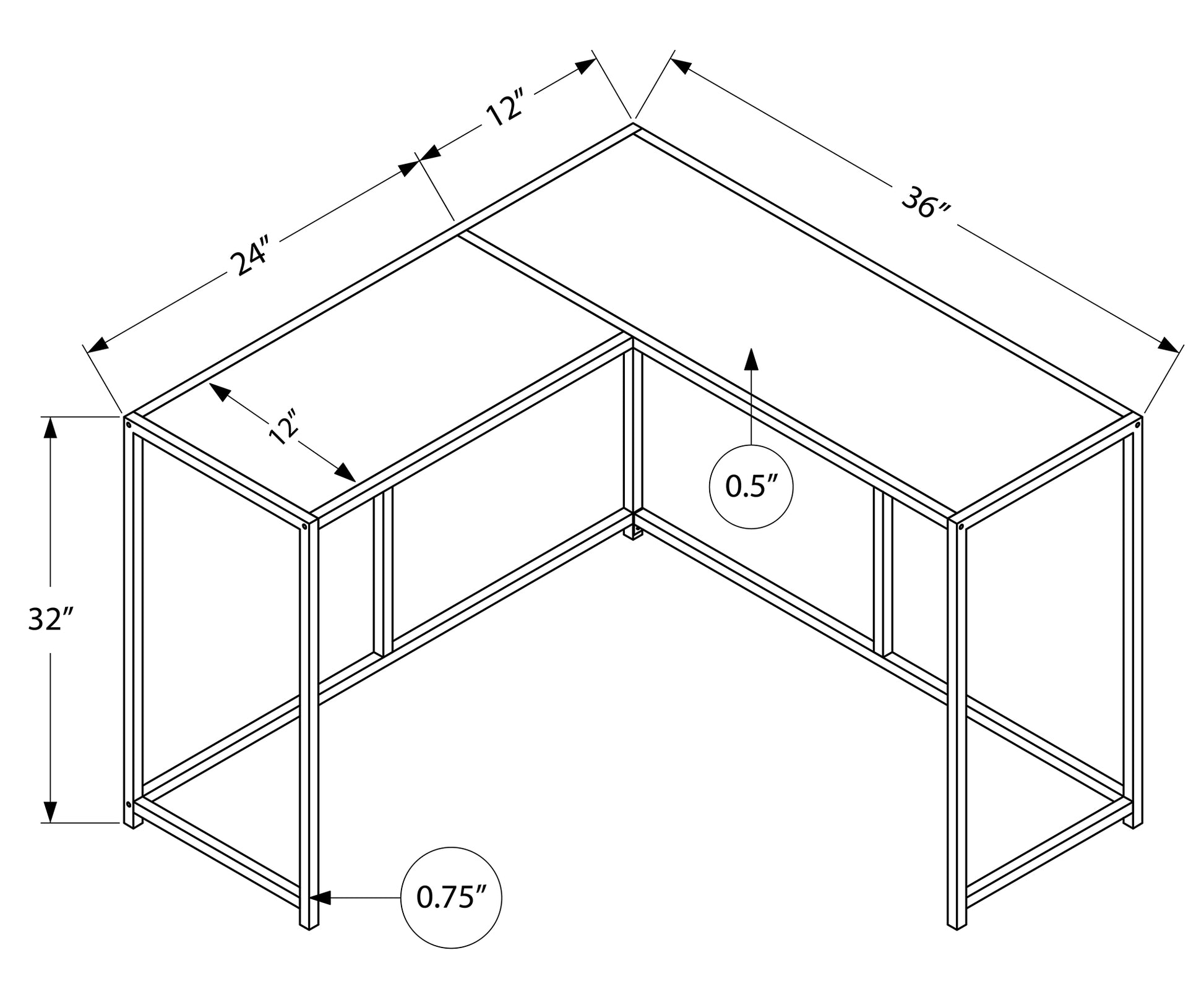 Lshaped computer desk blueprint showing  x  dimensions and  height