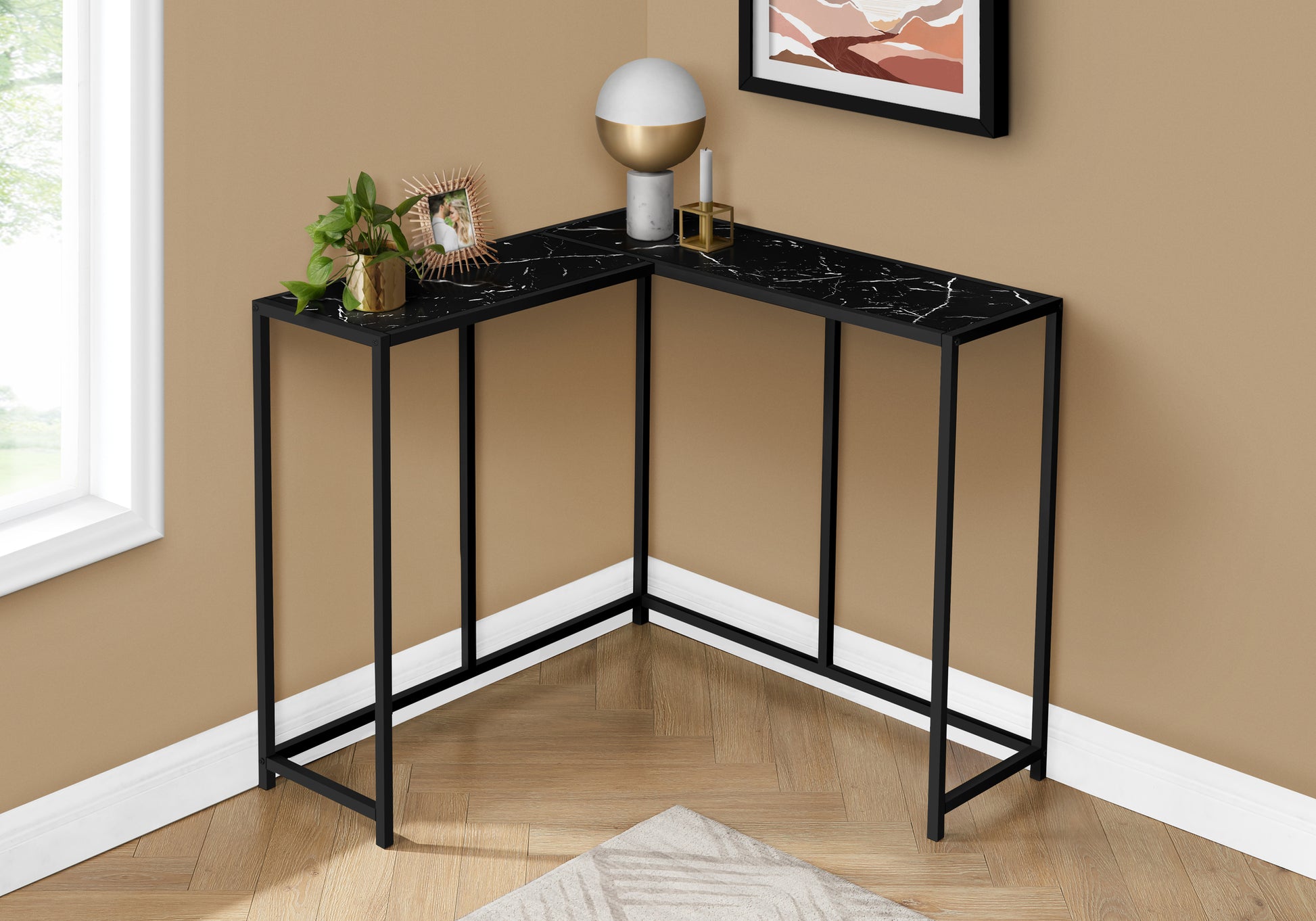 Black marble corner console table with thin metal legs