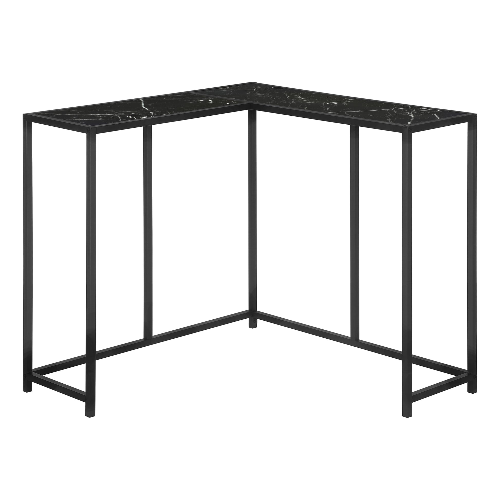 Black marble Lshaped console table with minimalist black metal frame ideal for entryway accent