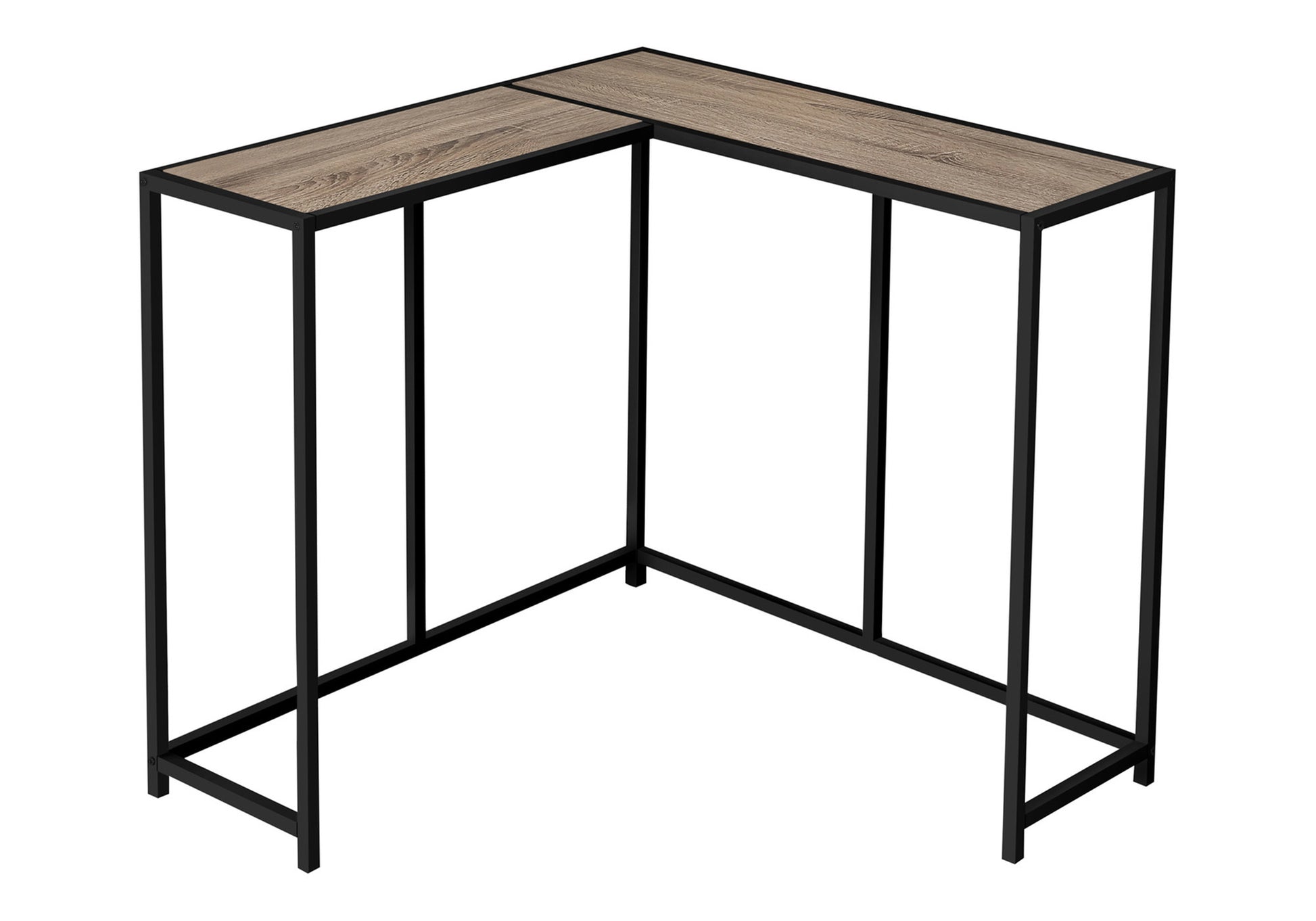 Lshaped console table with faux wood top and black metal frame ideal for entryway accent