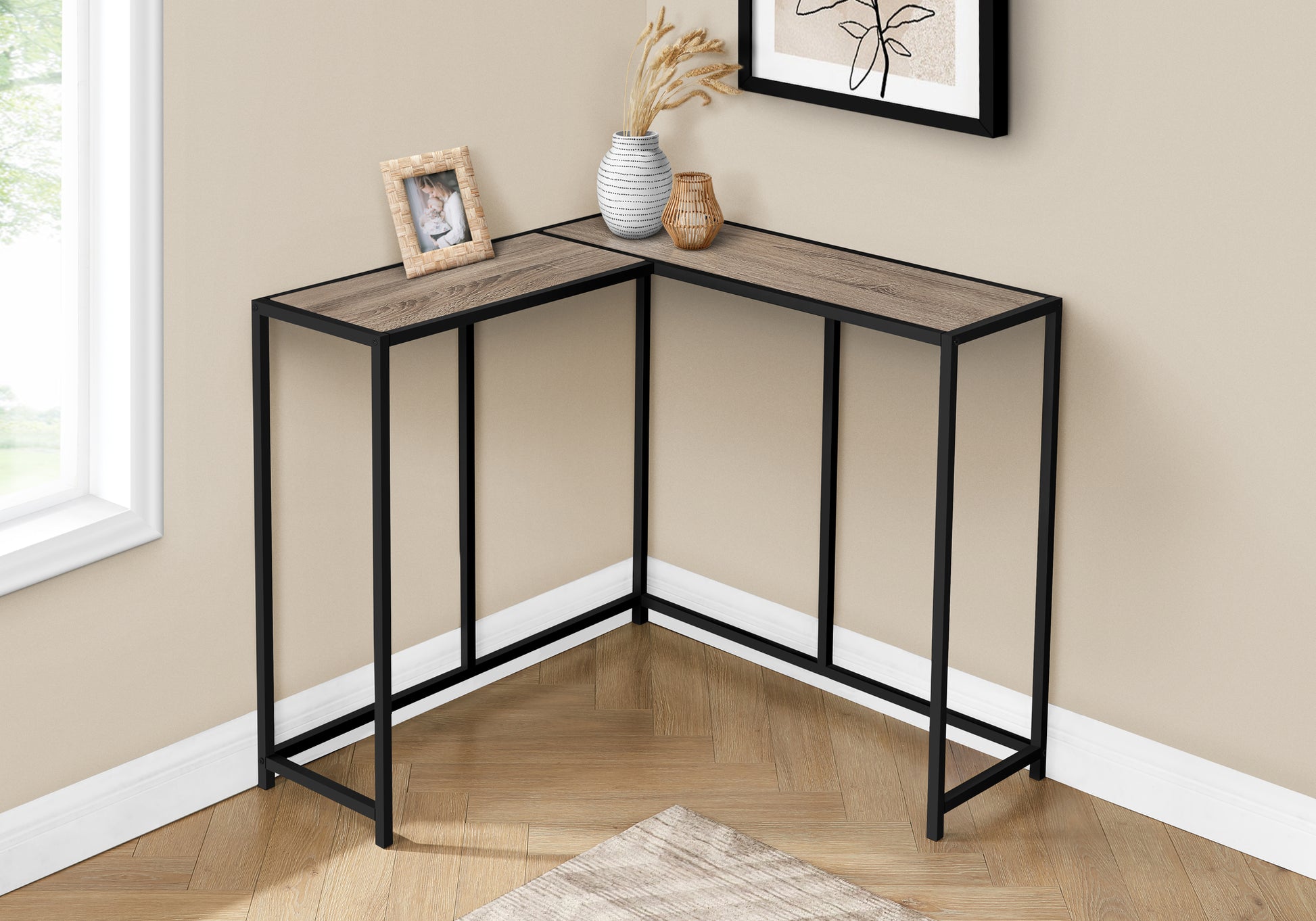 Rustic oak veneer corner console table with black metal frame perfect for entryways