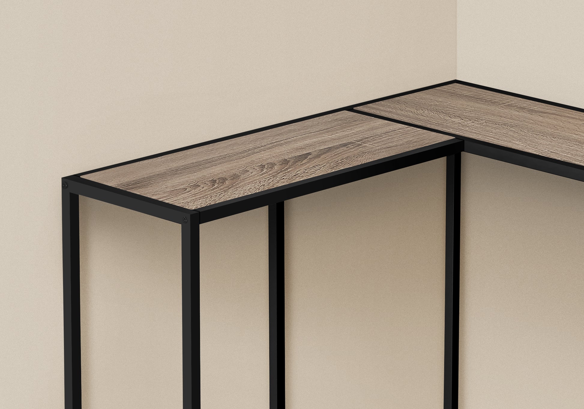 Modern Lshaped desk with rustic oak laminate top and black metal frame