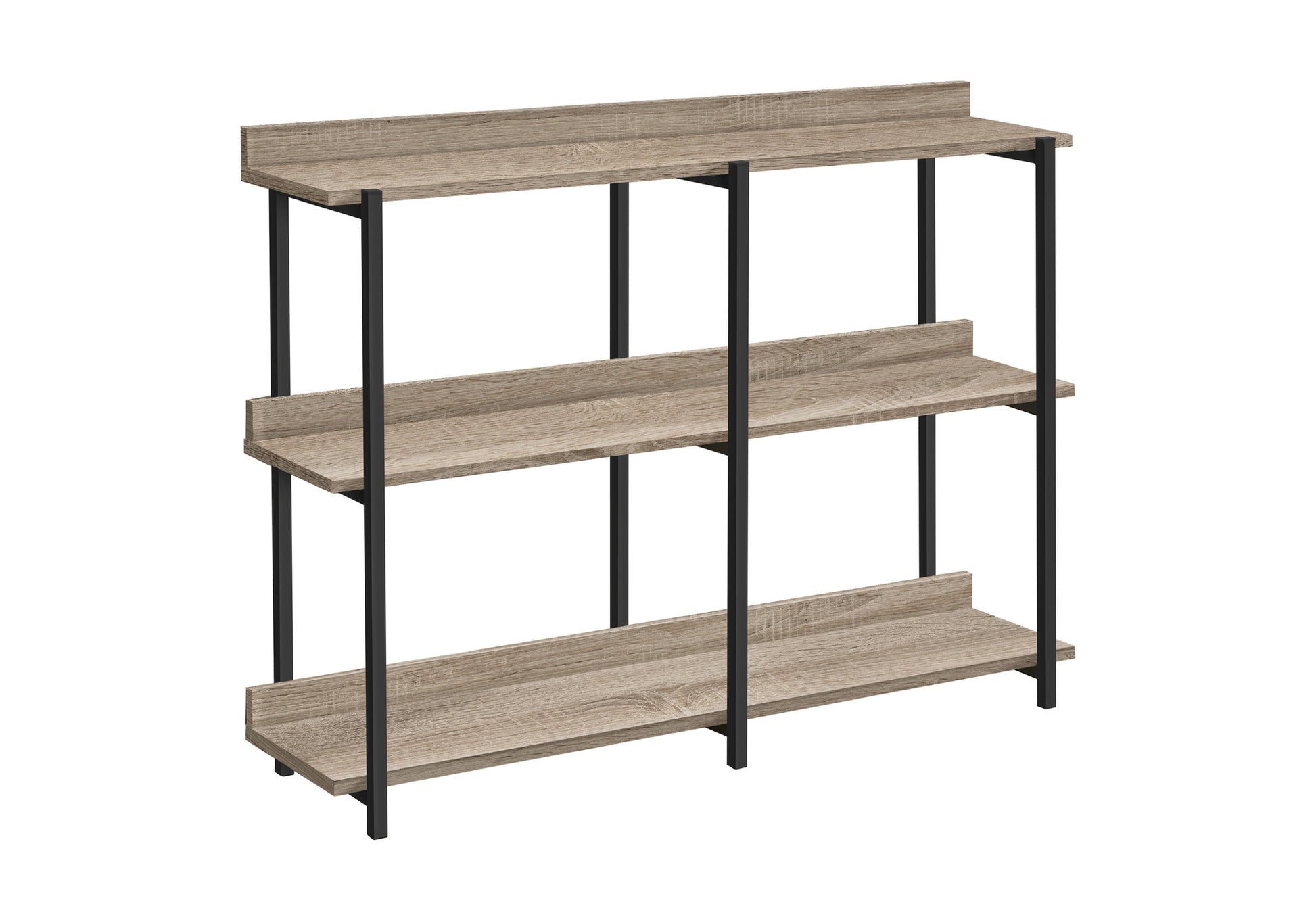 Modern threetier bookshelf with weathered oak finish and black metal frame for home organization