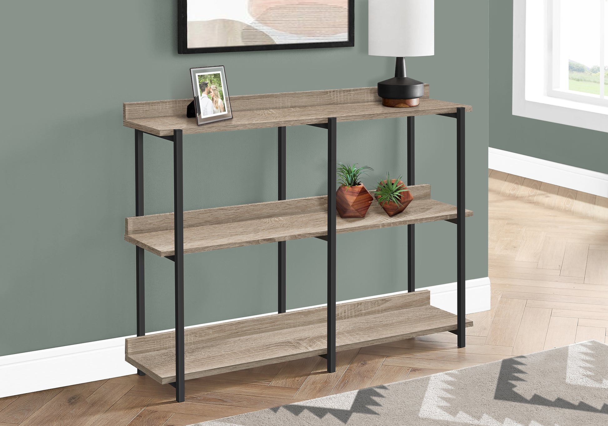 Threeshelf rustic wood console table with black metal frame