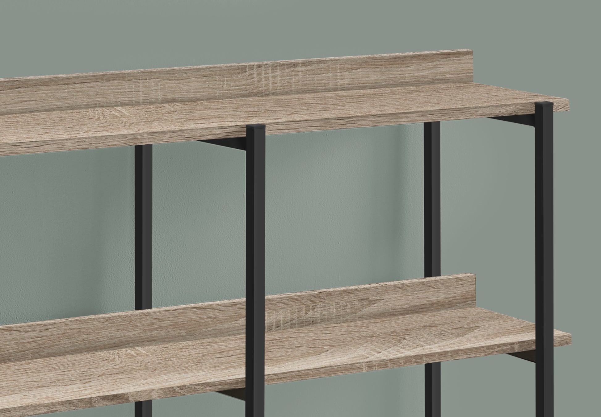 Modern open bookshelf with light wood grain shelves and black metal frame
