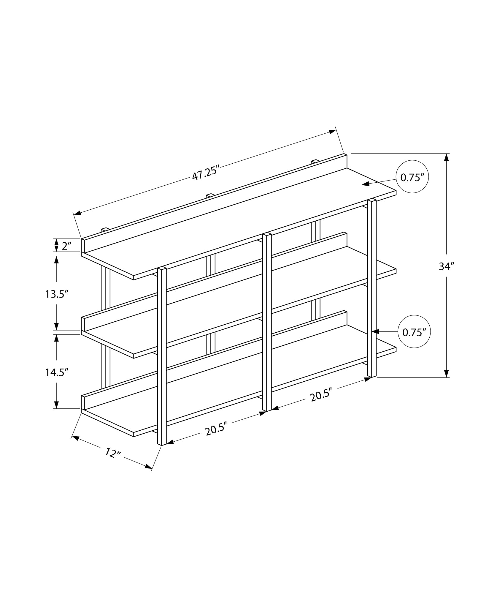 Technical drawing of a modern metal console table with  shelves  W x  H