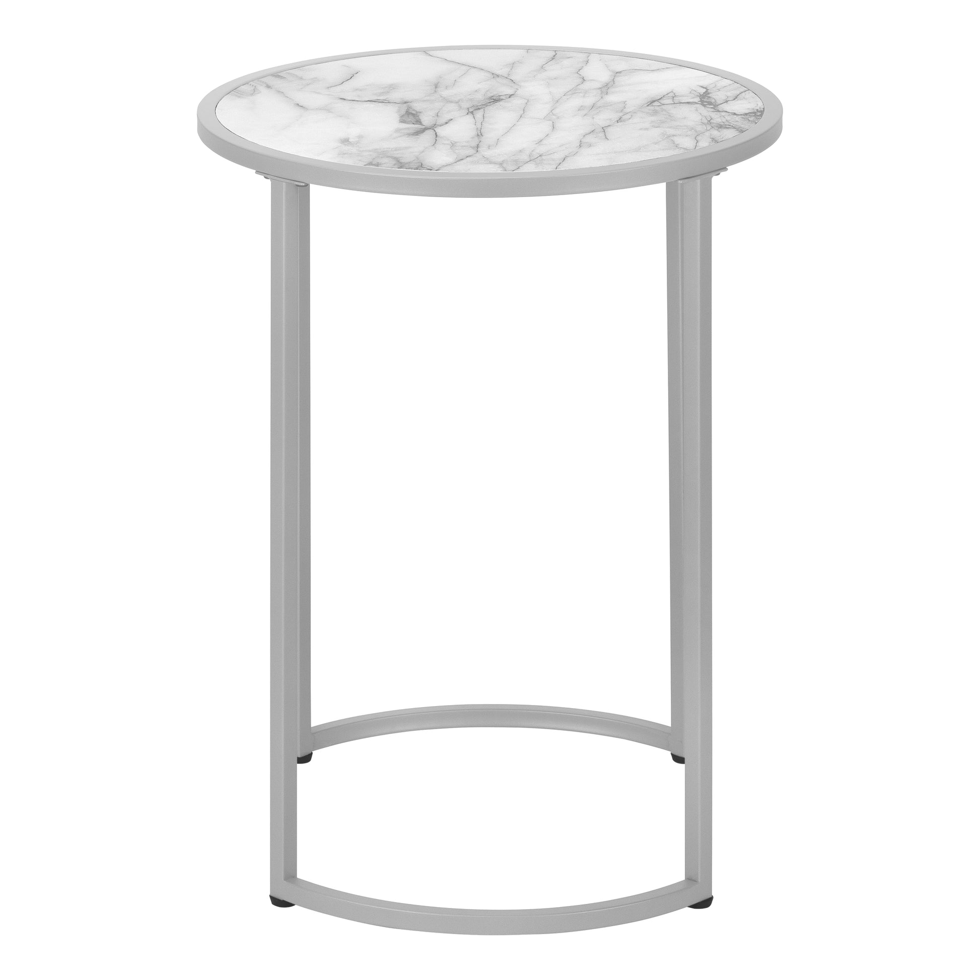 Modern round side table with faux marble top and silver metal frame