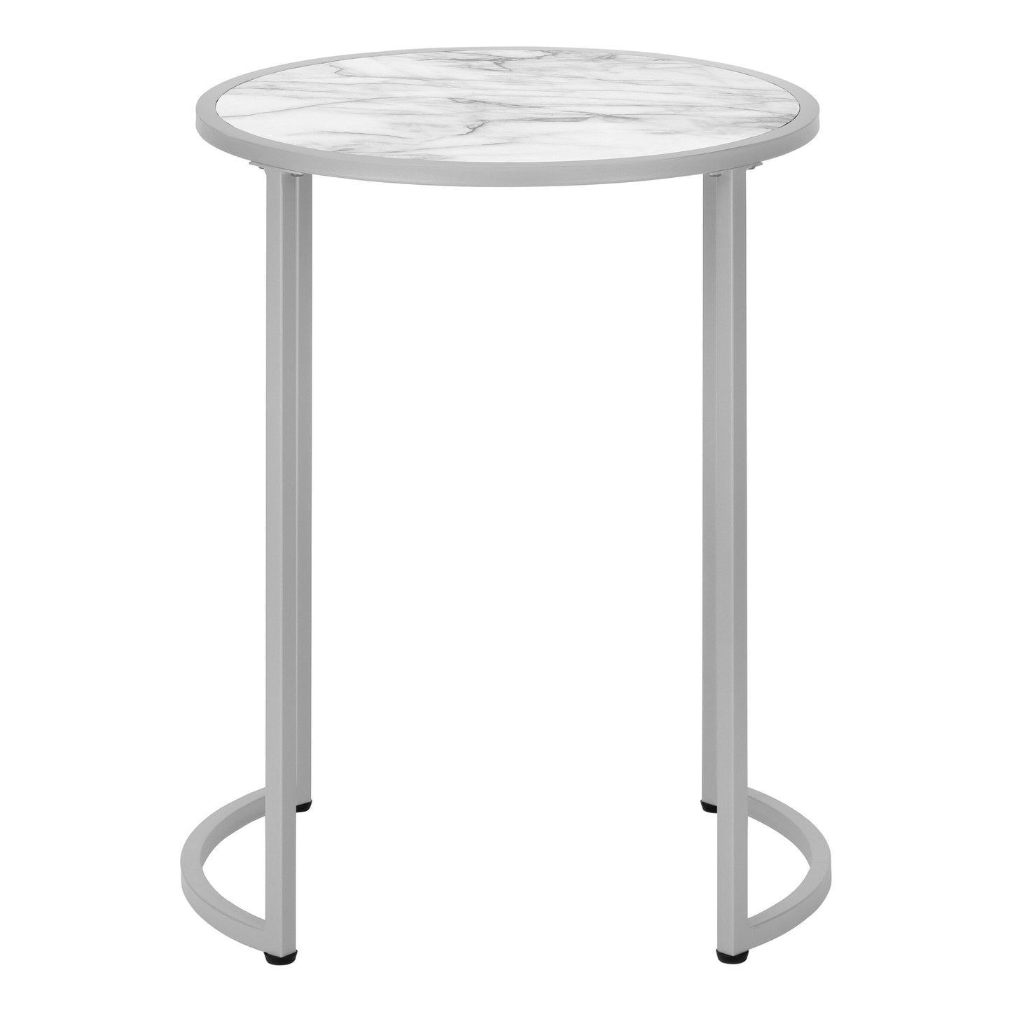 Modern round side table with white marble top and silver metal base