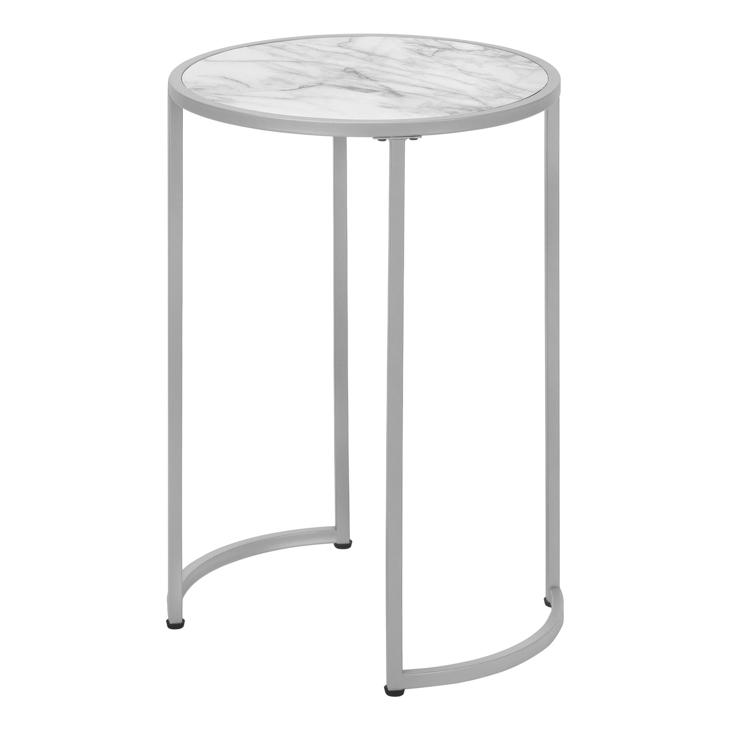 Round faux marble end table with silver metal legs perfect for small spaces