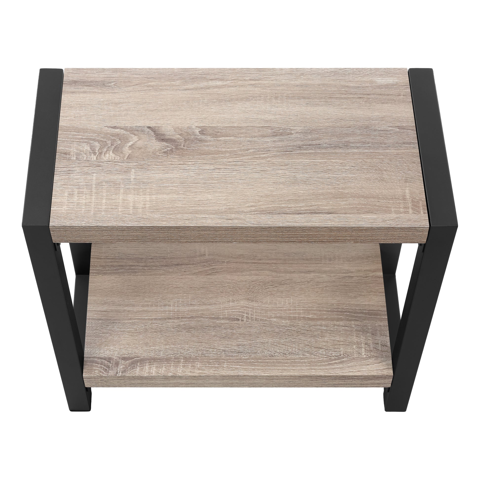 Twotier wood grain side table with black metal frame