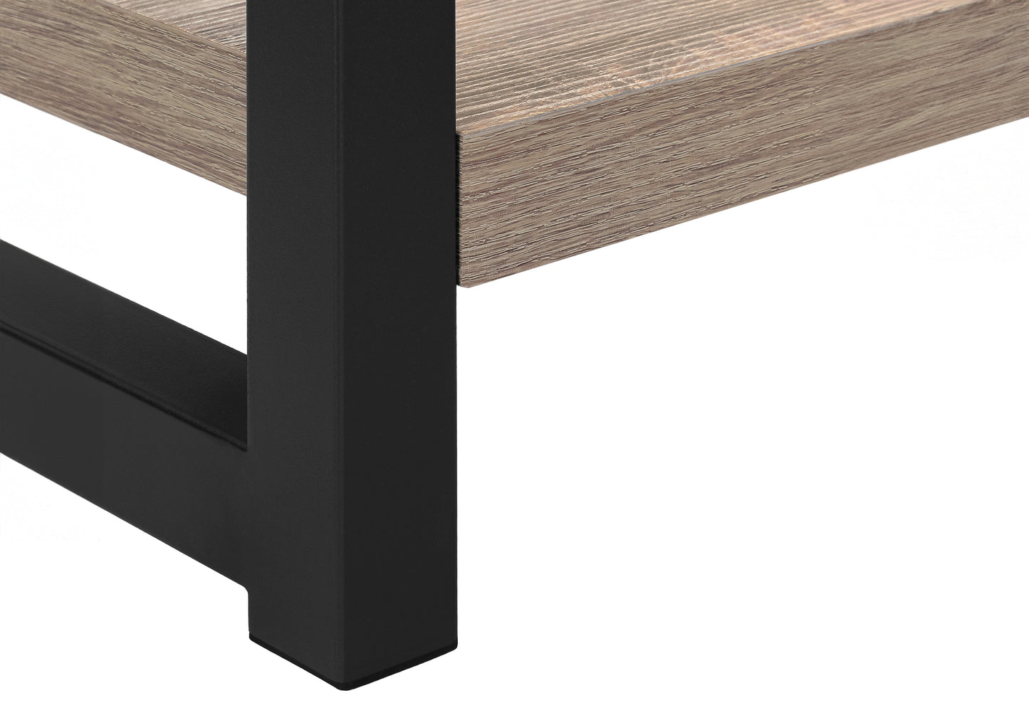Closeup of a faux wood shelf with black metal legs for industrial furniture