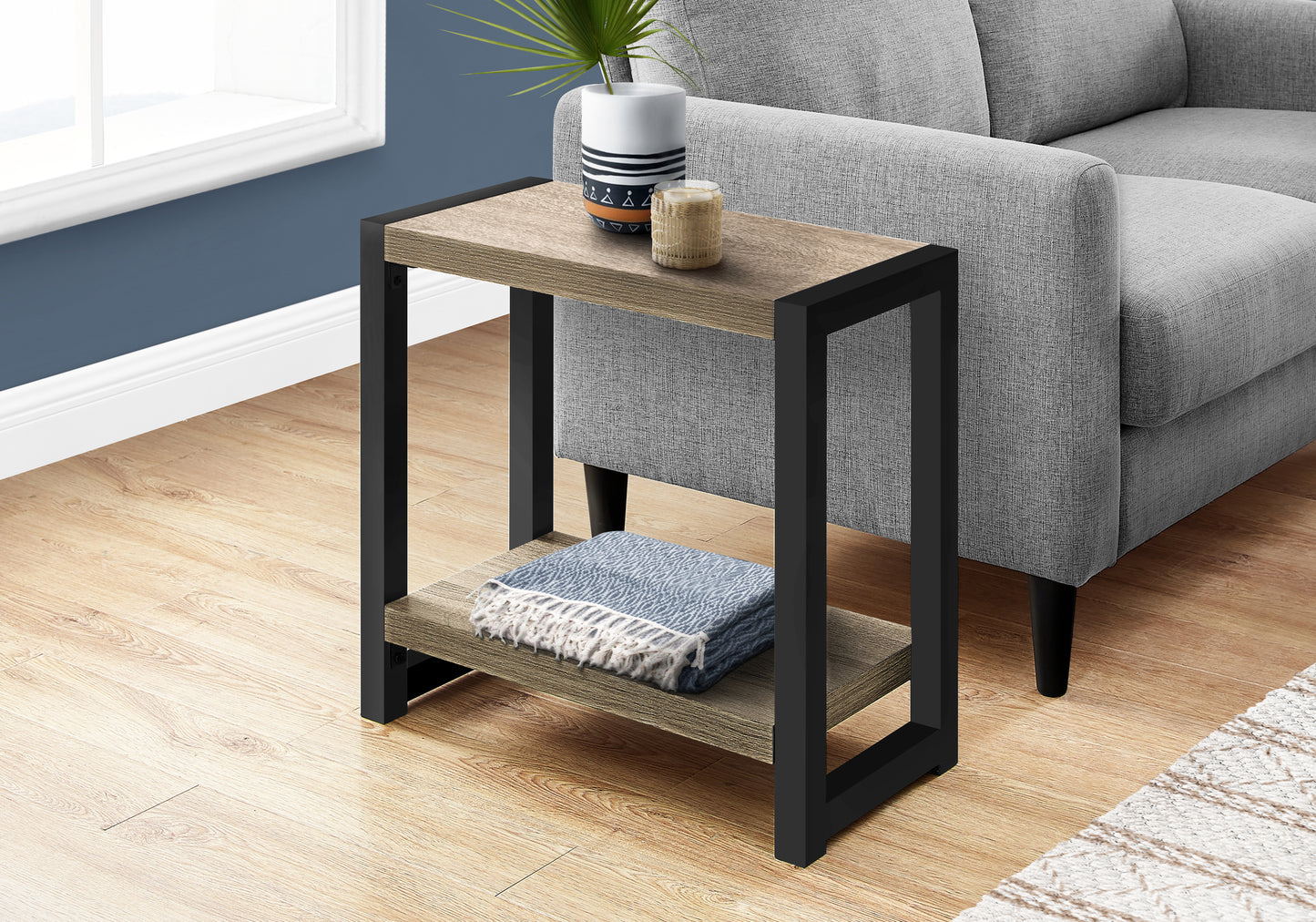 Modern twotier Ctable with faux wood top and black metal frame perfect for living rooms