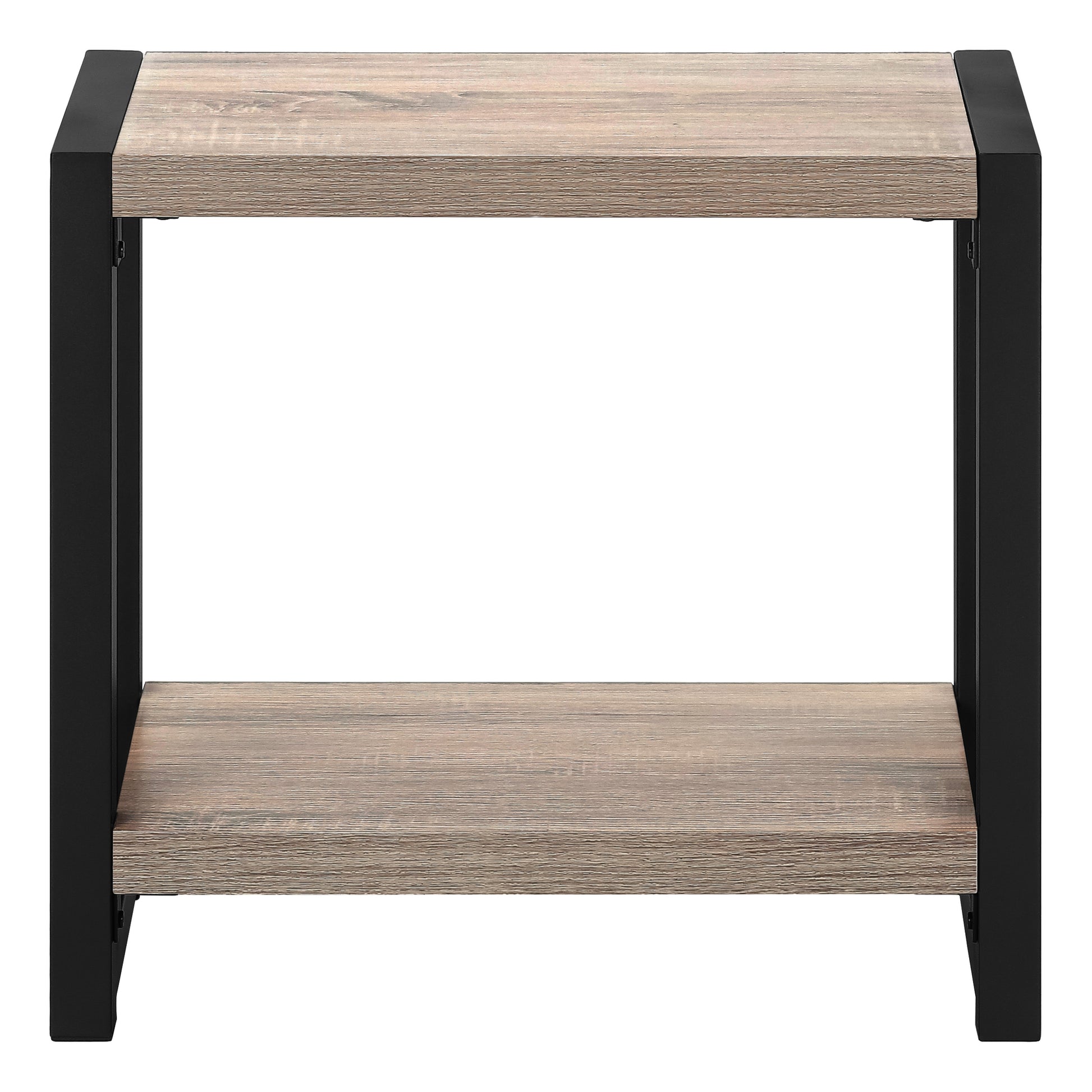 Rustic wood console table with two shelves and black metal frame ideal for entryway storage