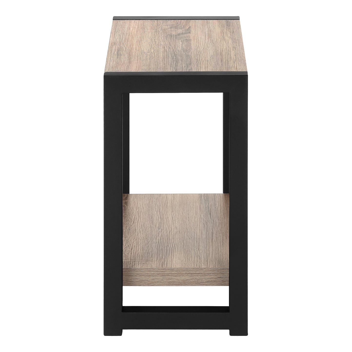 Modern wood and black metal end table with open shelving for living room