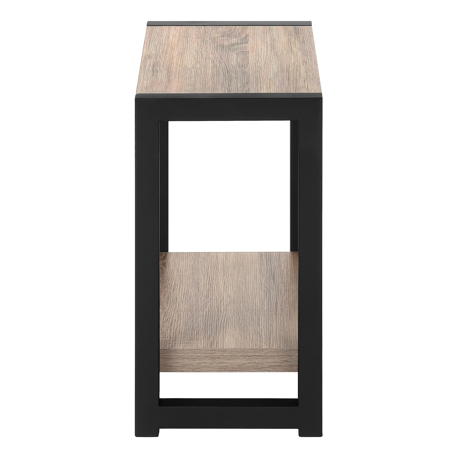 Modern wood and black metal end table with open shelving for living room