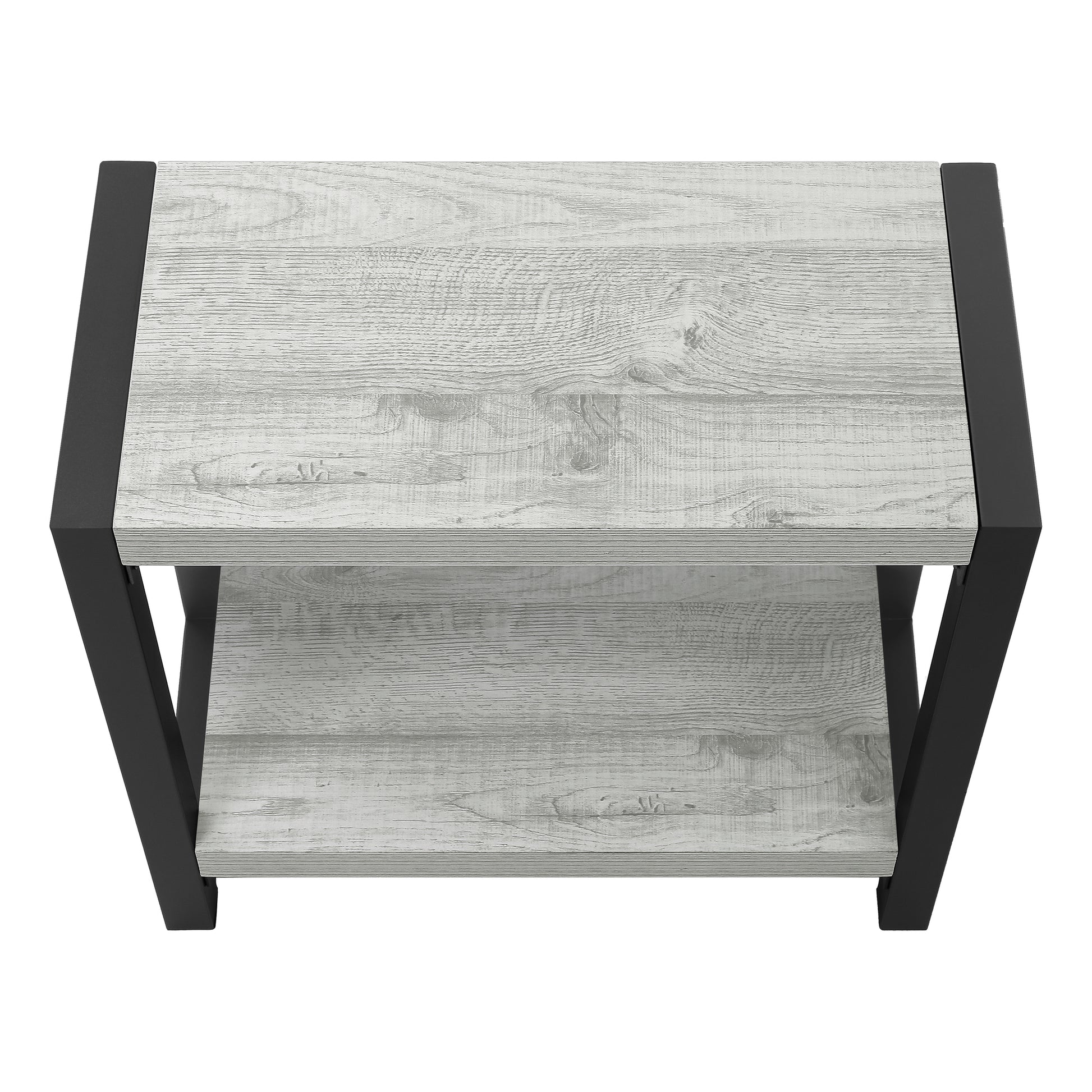 Modern twotier wood and metal end table with grey washed wood grain