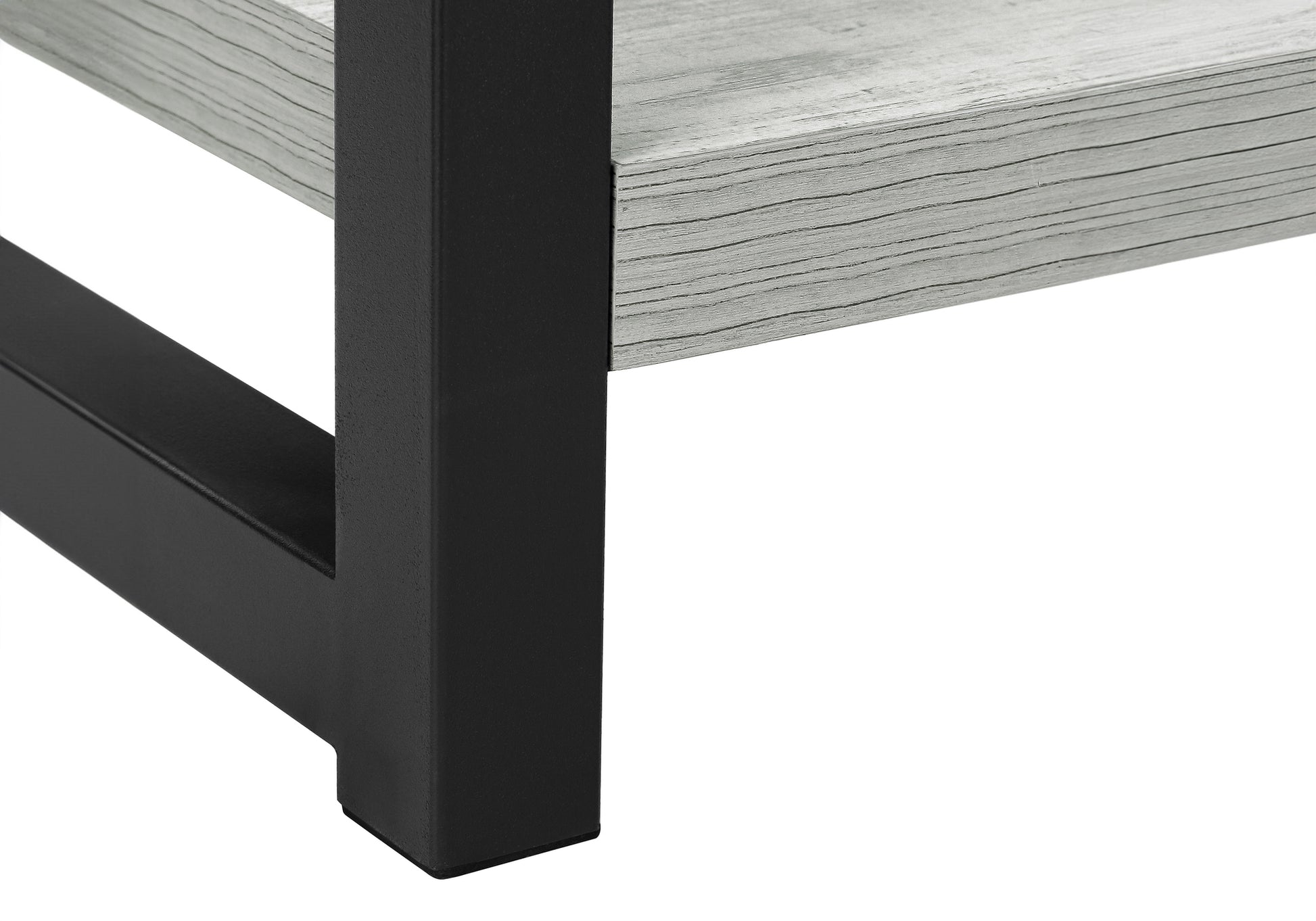 Modern grey wood shelf with black metal frame support